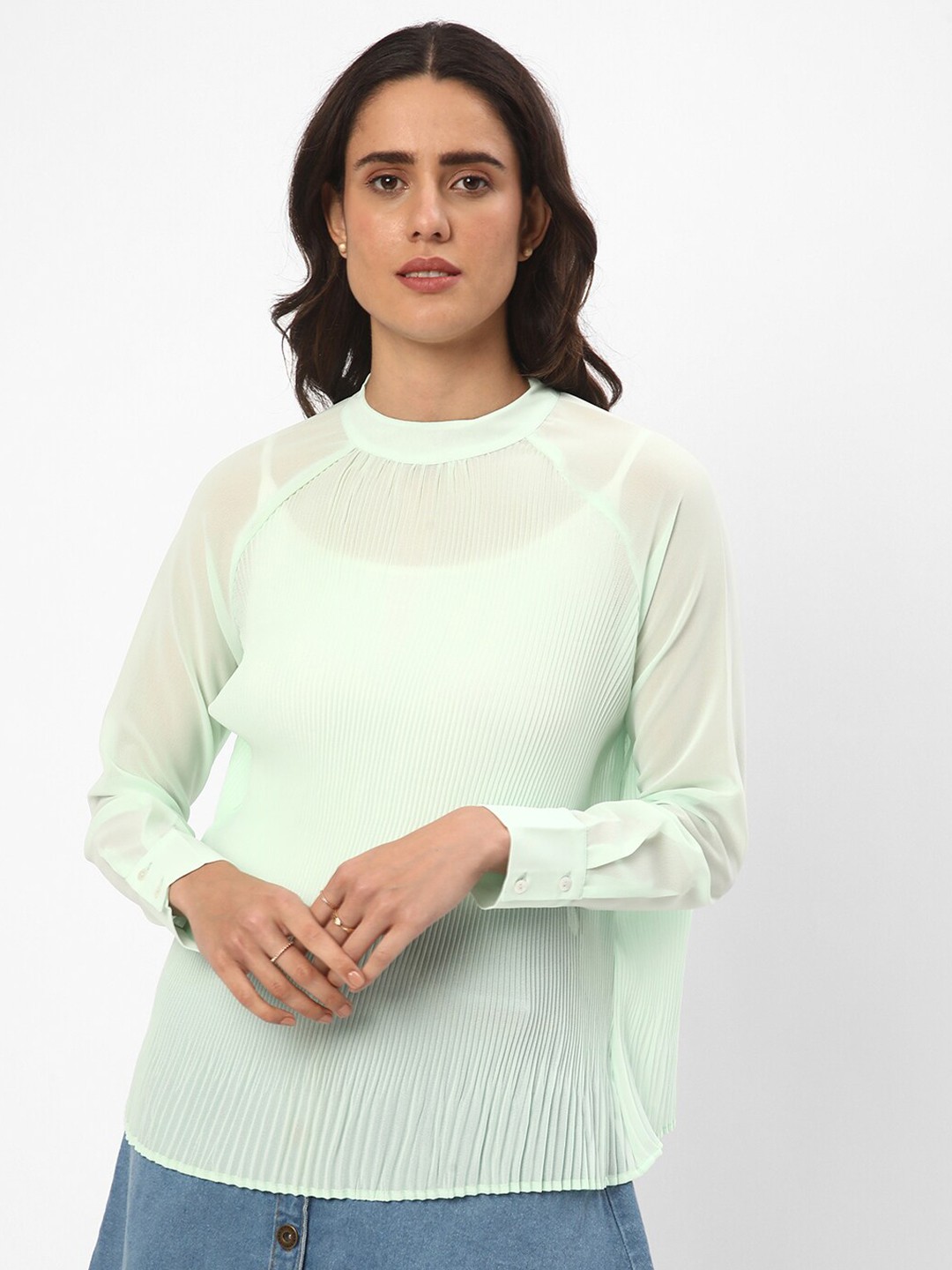 

R&B High Neck Long Raglan Sleeves Accordion Pleated A-Line Top, Green