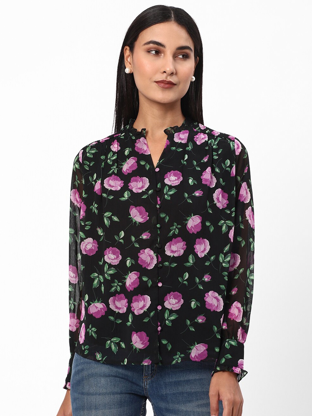 

R&B Floral Printed Cuffed Sleeves Top, Black