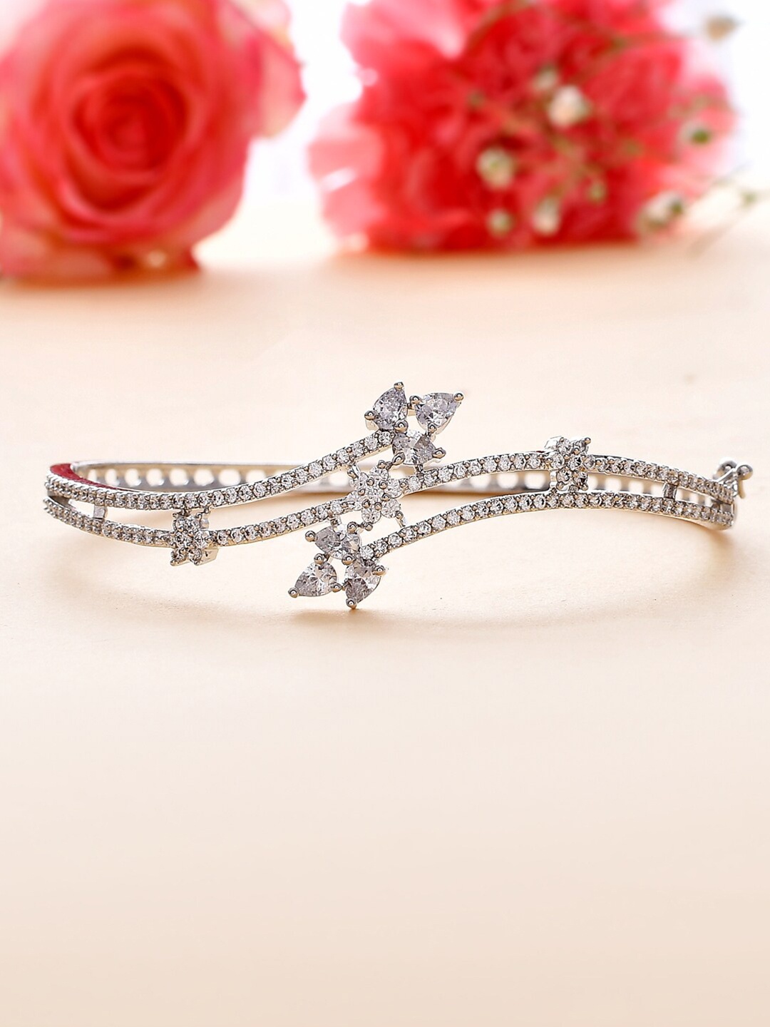 

Voylla Cubic Zirconia Rhodium-Plated Bangle-Style Bracelet, Silver