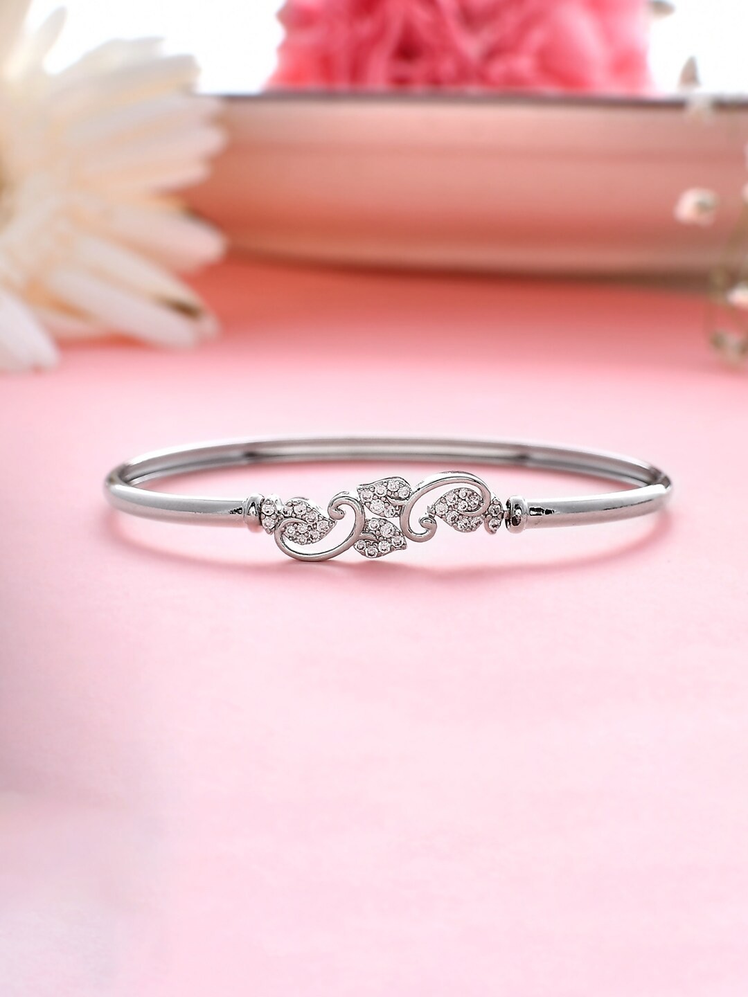 

Voylla Rhodium-Plated Cubic Zirconia Studded Bangle-Style Bracelet, Silver