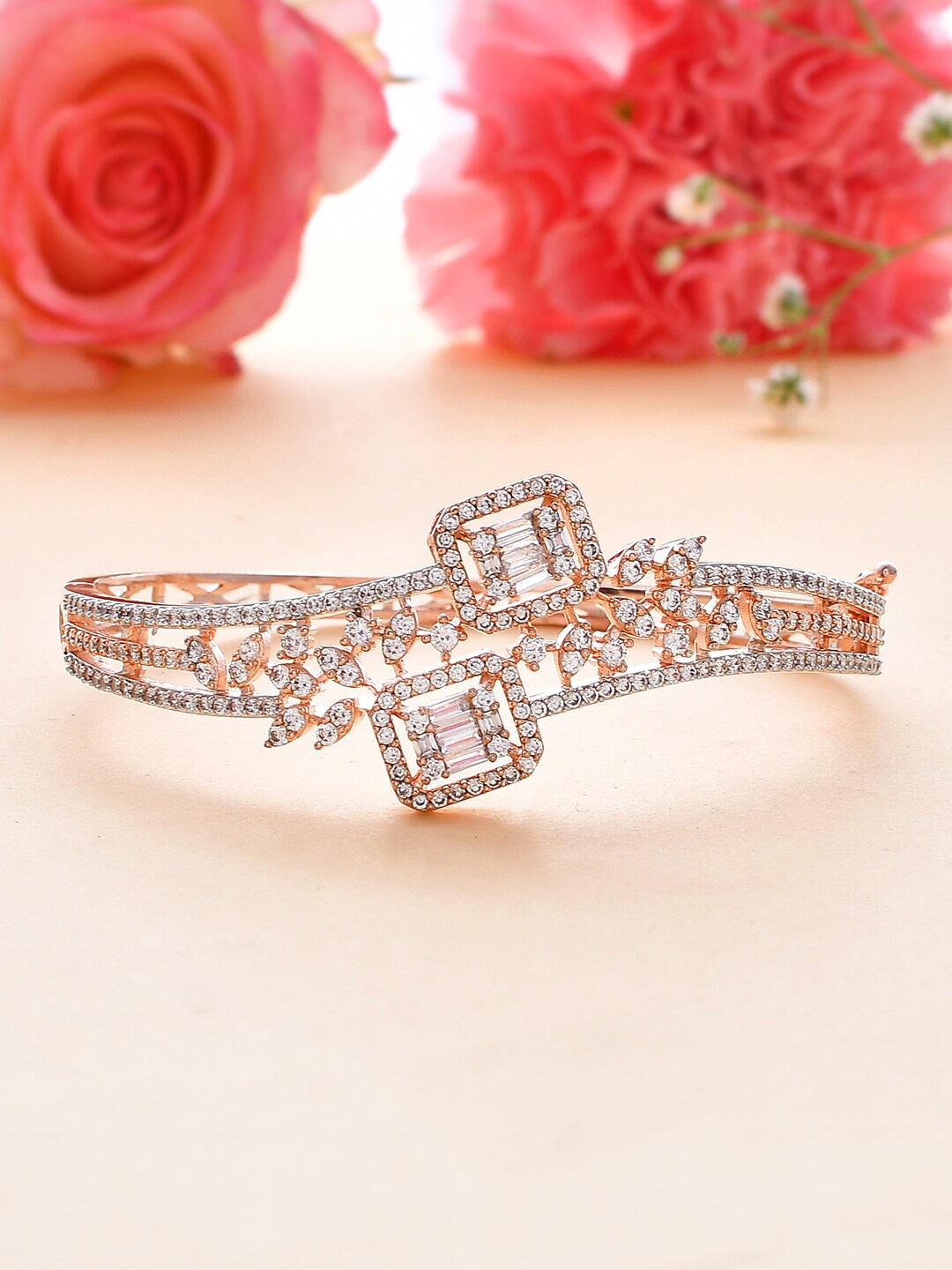 

Voylla Cubic Zirconia Rose Gold-Plated Bangle-Style Bracelet, Silver