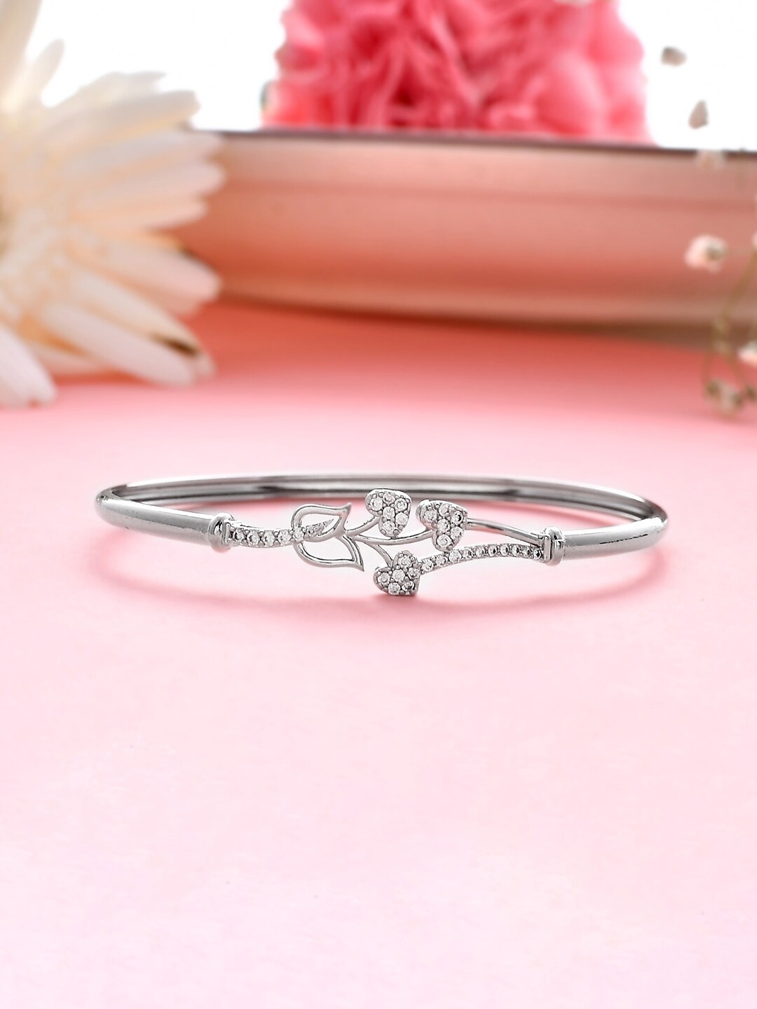 

Voylla Cubic Zirconia Rhodium-Plated Bangle-Style Bracelet, Silver