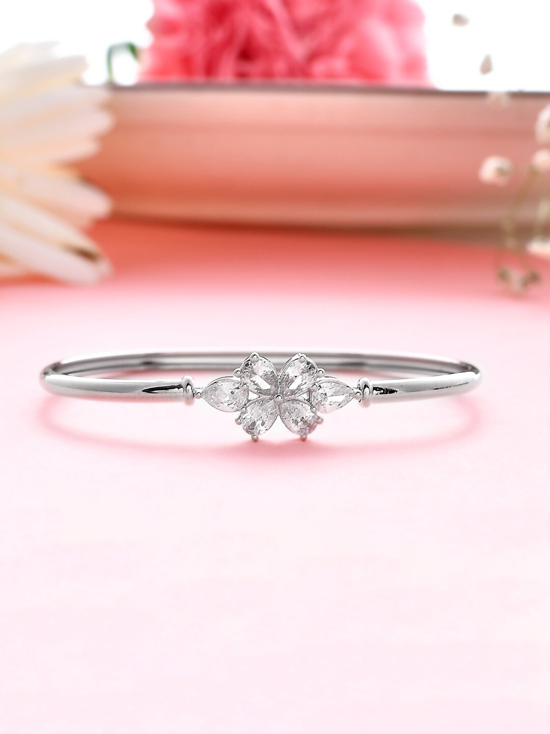 

Voylla Rhodium-Plated Cubic Zirconia Studded Bangle-Style Bracelet, Silver