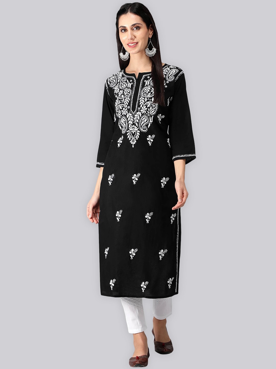 

Seva Chikan Ethnic Motifs Embroidered Cotton Chikankari Kurta, Black