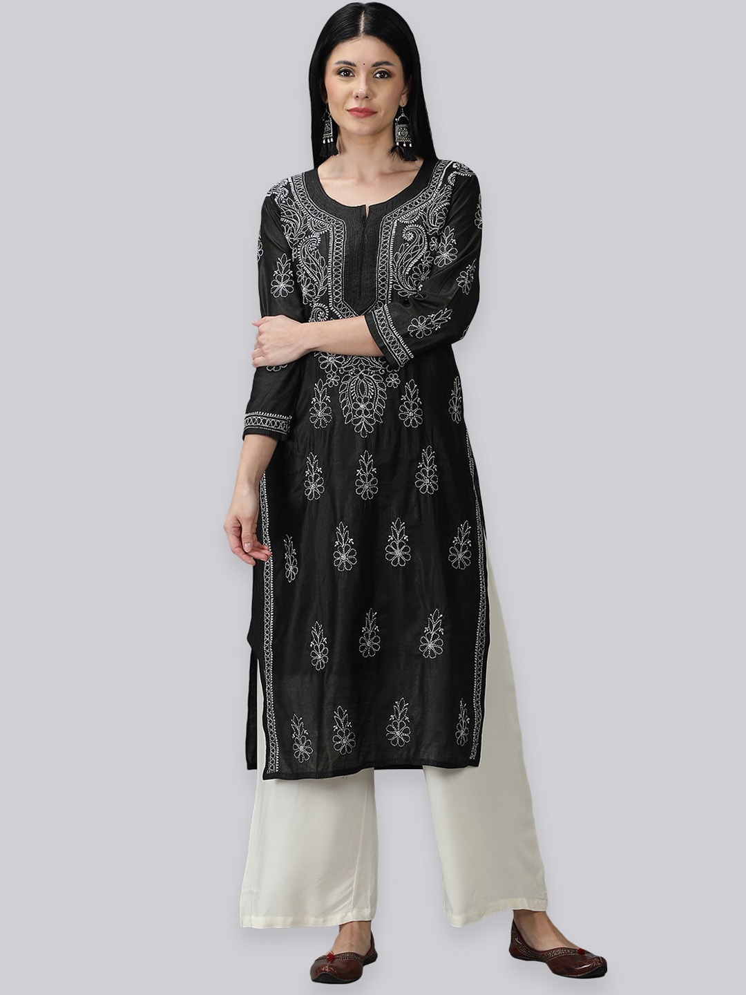 

Seva Chikan Ethnic Motifs Embroidered Chikankari Kurta, Black