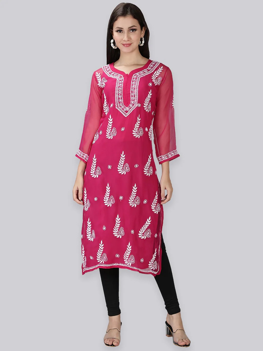 

Seva Chikan Ethnic Motifs Embroidered Georgette Kurta With Slip, Magenta