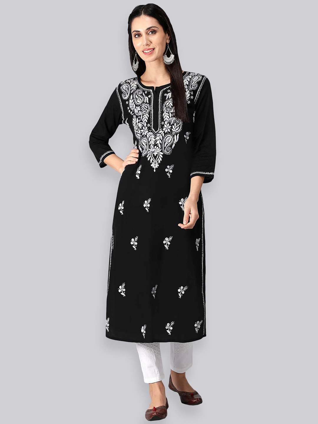 

Seva Chikan Ethnic Motifs Embroidered Cotton Chikankari Kurta, Black