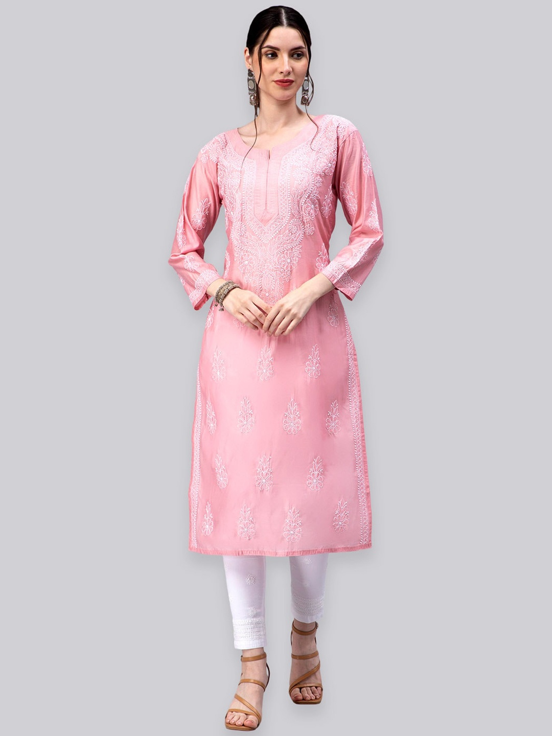 

Seva Chikan Floral Embroidered Straight Kurta, Pink