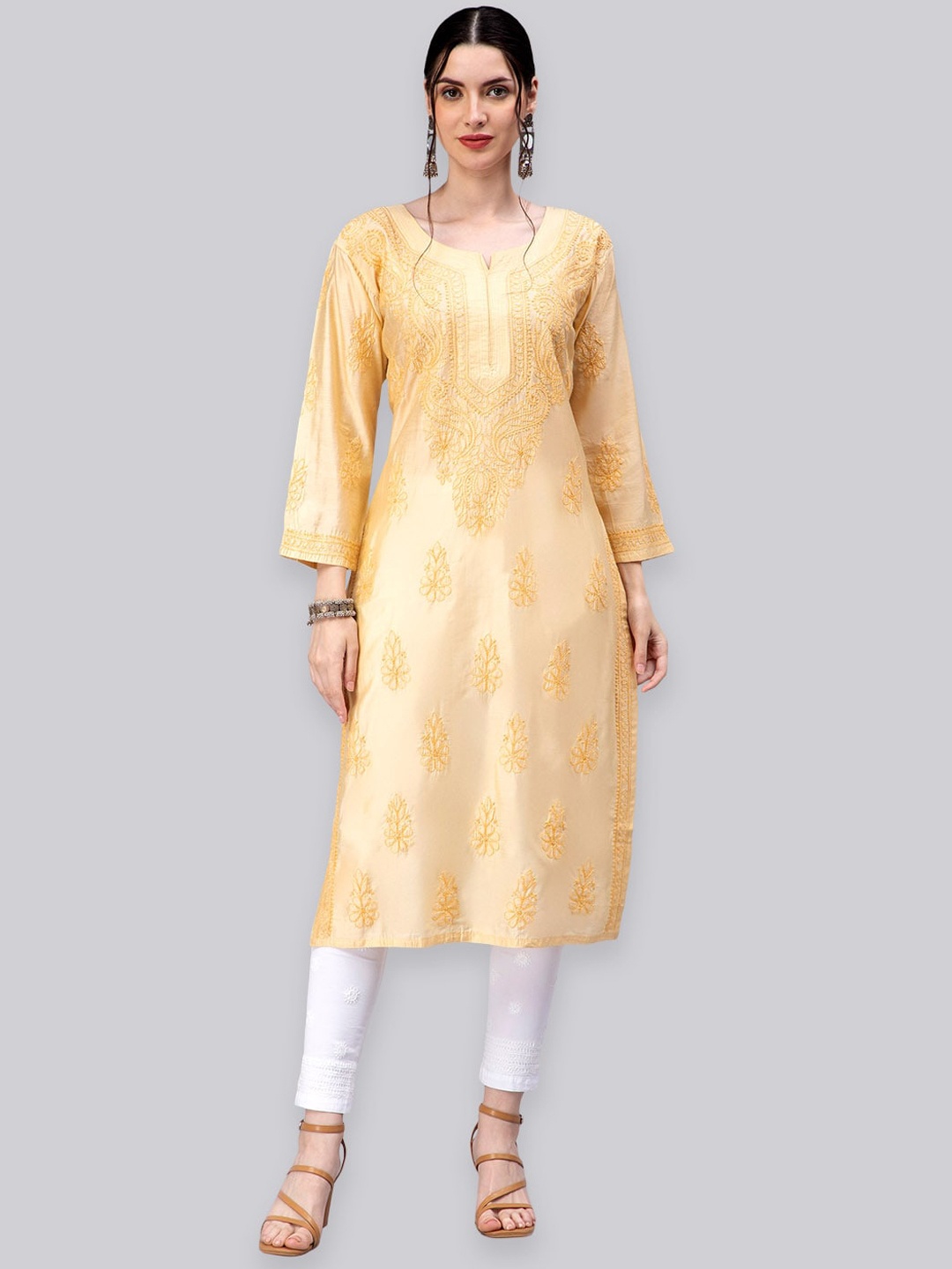 

Seva Chikan Ethnic Motifs Embroidered Chikankari Kurta, Beige
