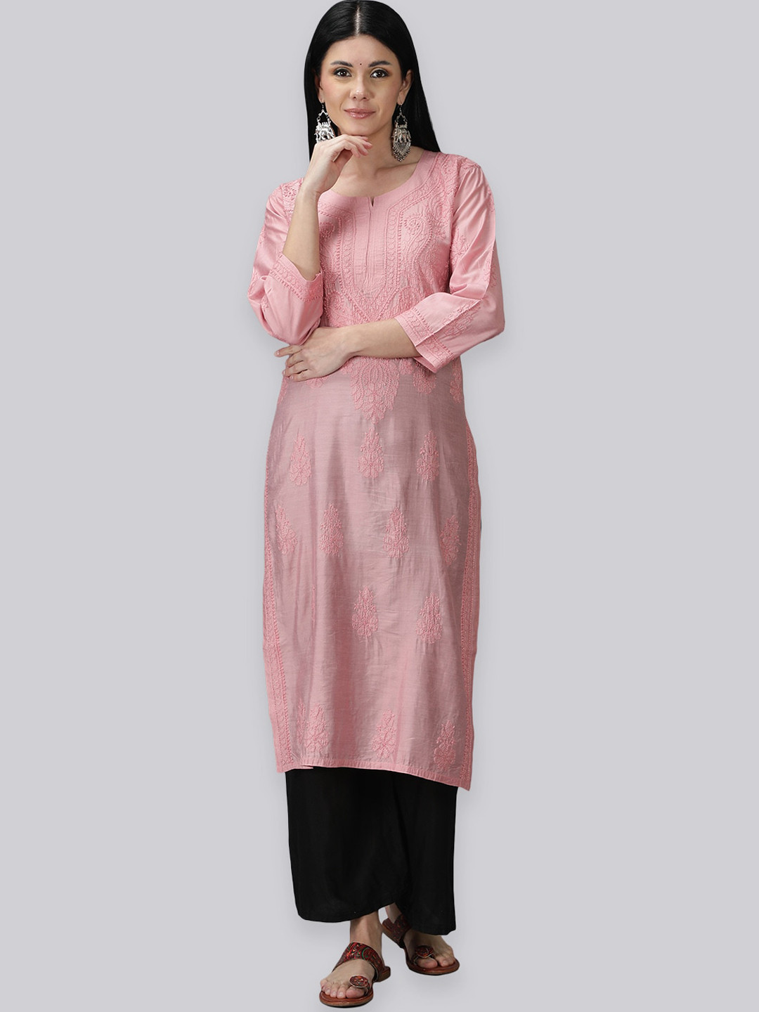 

Seva Chikan Ethnic Motifs Embroidered Chikankari Shadow Work Chanderi Cotton Kurta, Pink