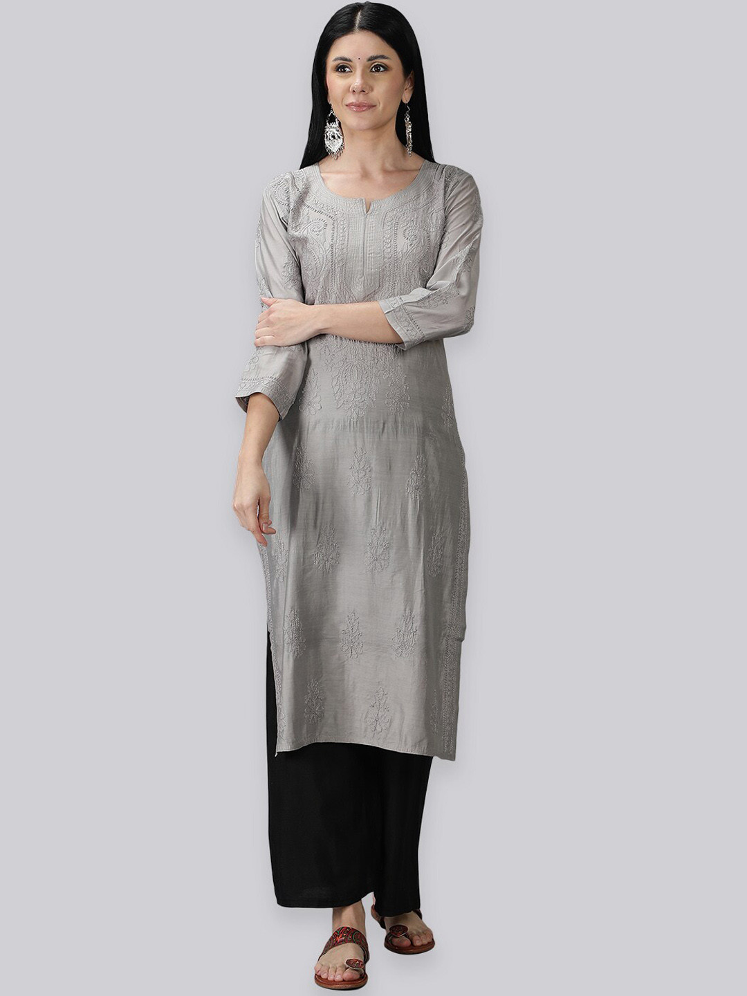

Seva Chikan Ethnic Motifs Embroidered Chikankari Shadow Work Chanderi Cotton Kurta, Grey