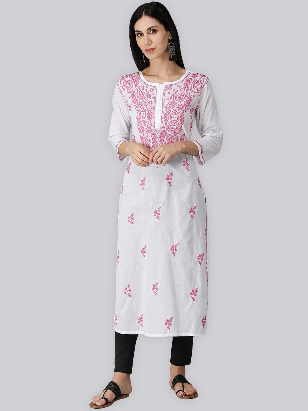 

Seva Chikan Floral Embroidered Straight Kurta, White