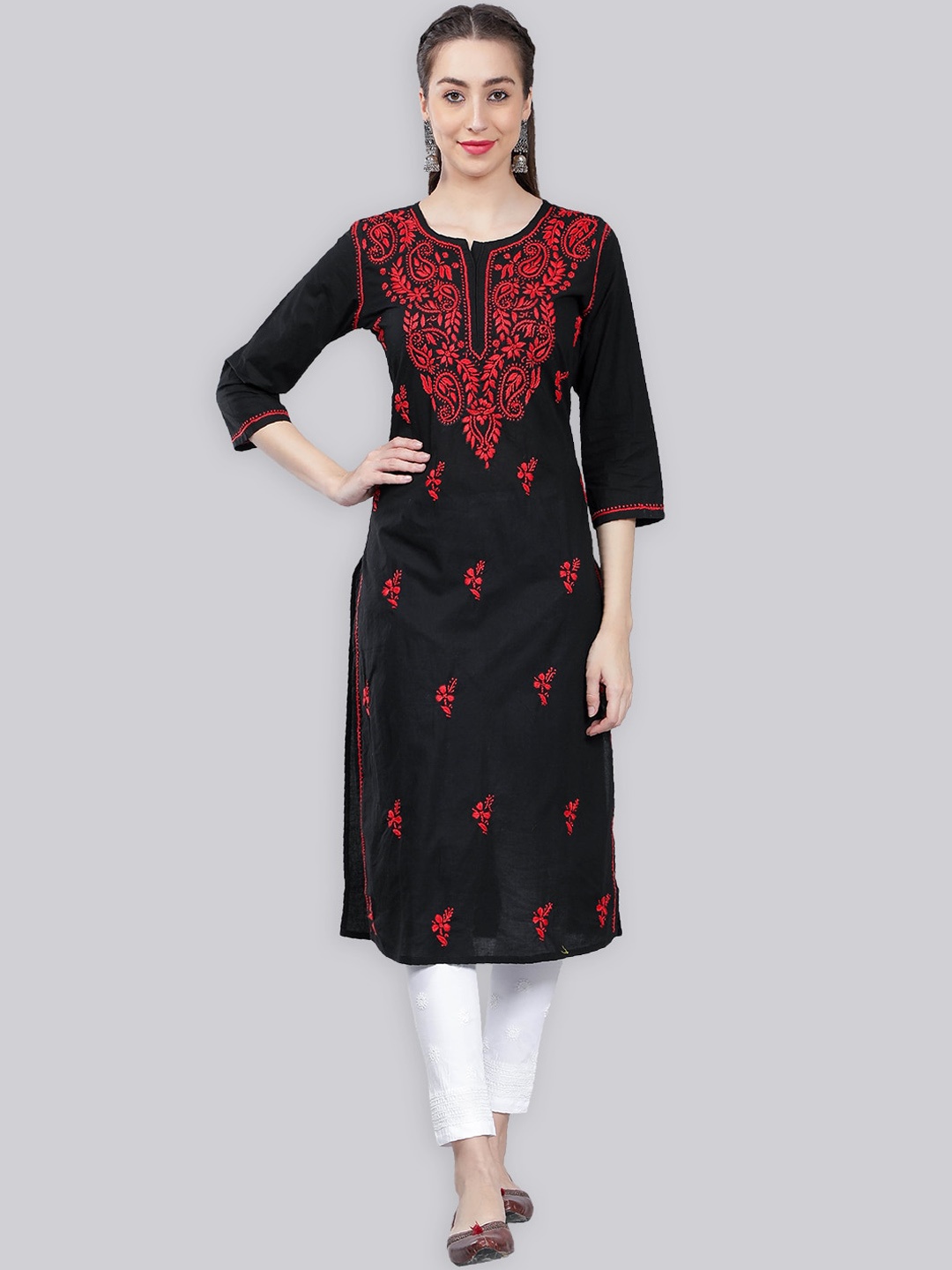 

Seva Chikan Paisley Embroidered Chikankari Shadow Work Straight Kurta, Black