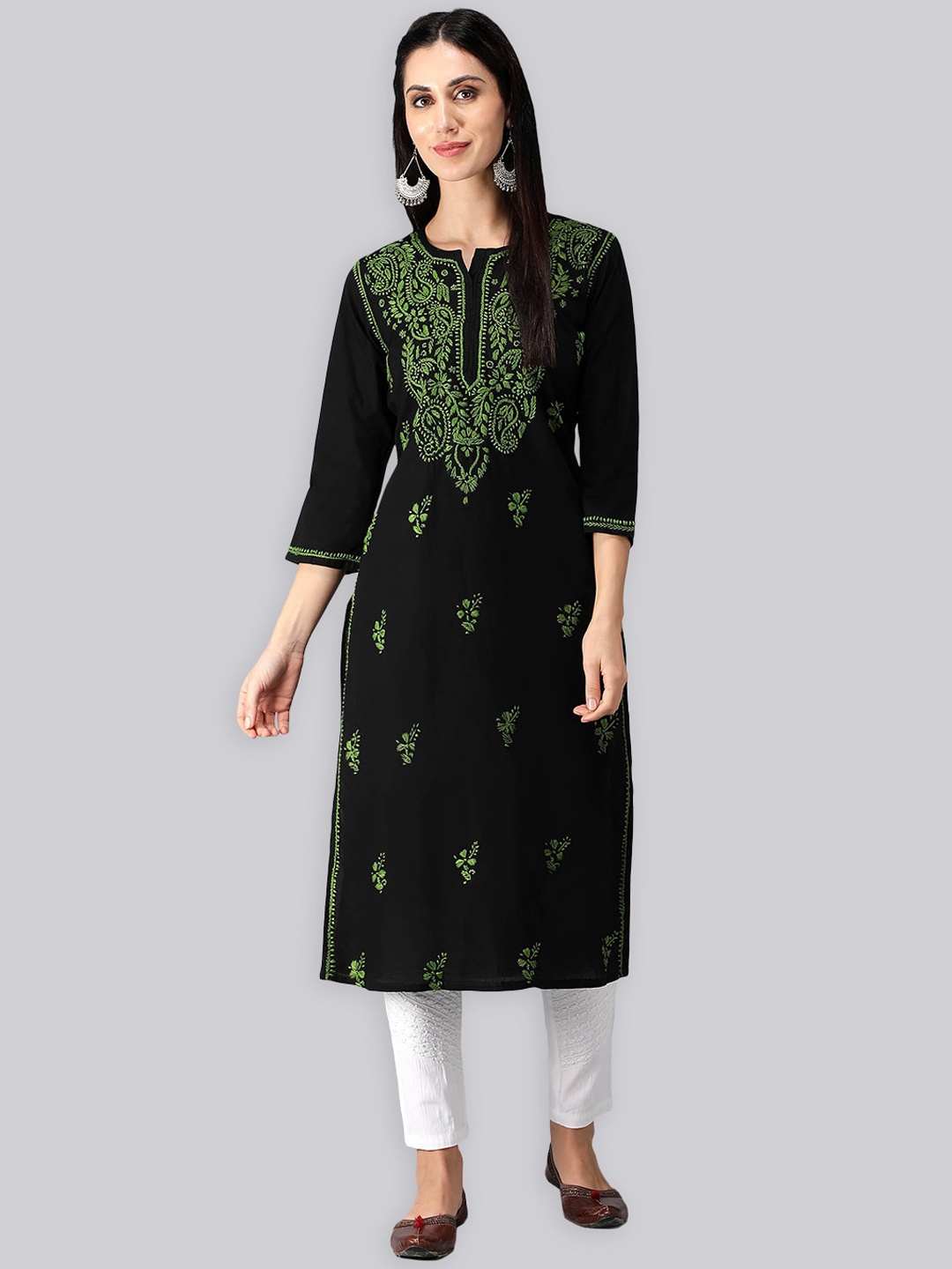 

Seva Chikan Paisley Embroidered Chikankari Shadow Work Straight Kurta, Black