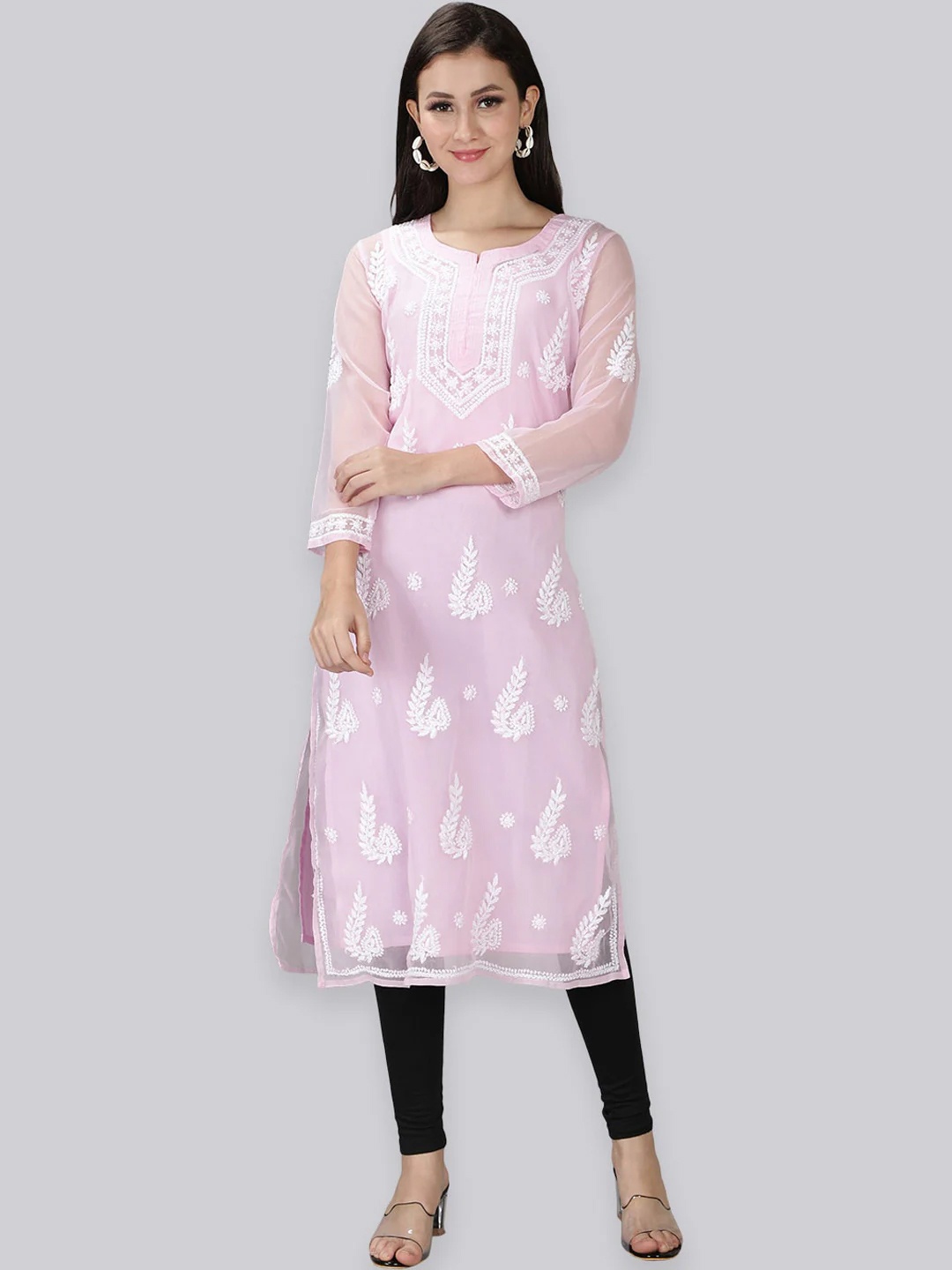 

Seva Chikan Ethnic Motifs Embroidered Georgette Kurta With Slip, Pink