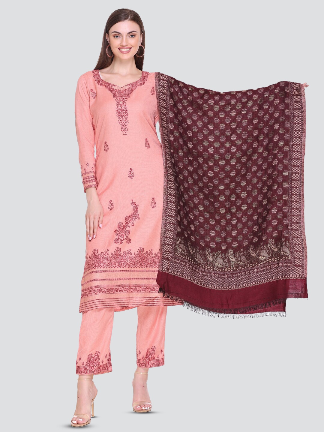 

KIDAR Floral Woven Design Unstitched Dress Material, Pink