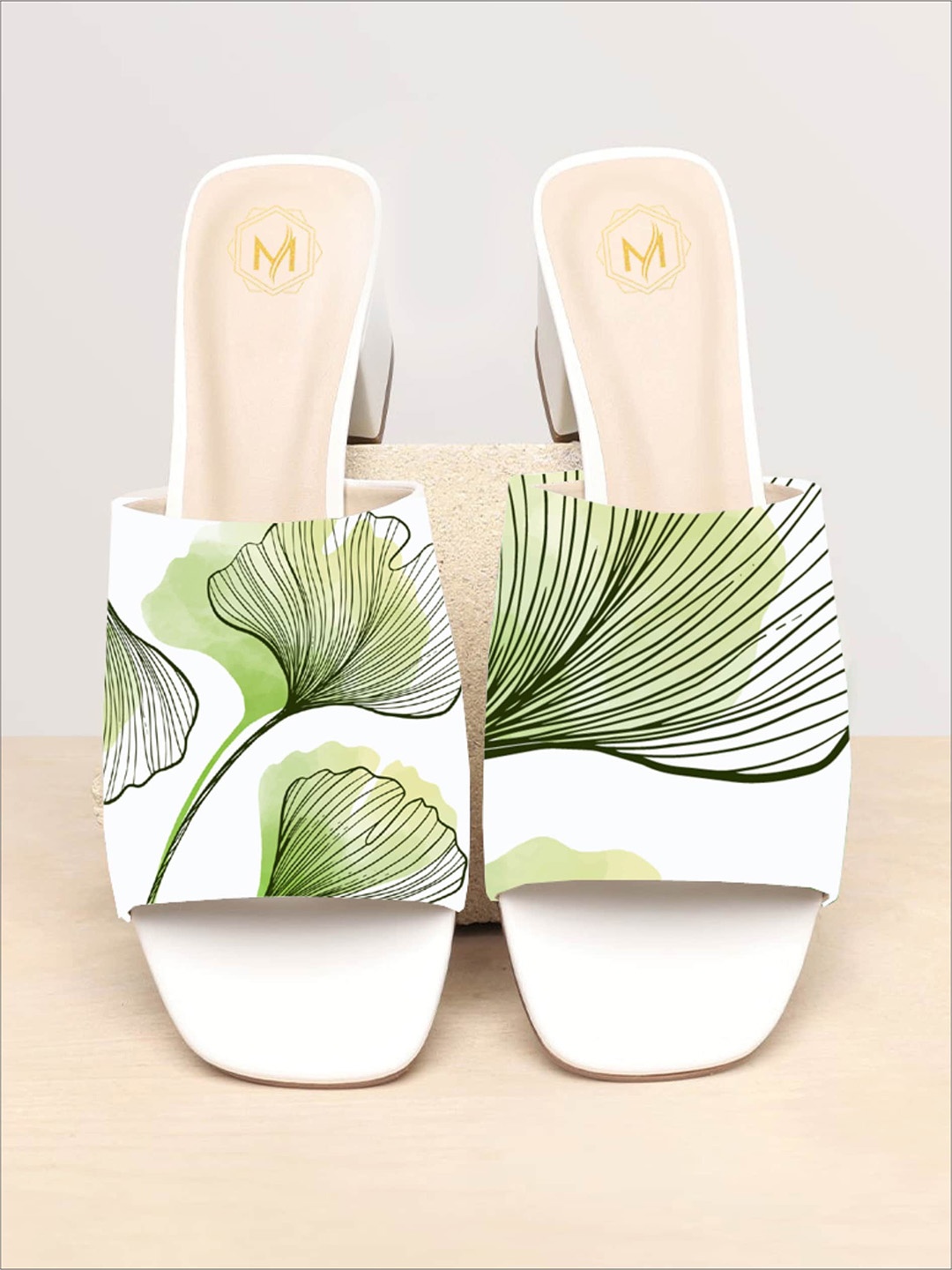 

Myra Foliage Leaves Printed Block Heels, White