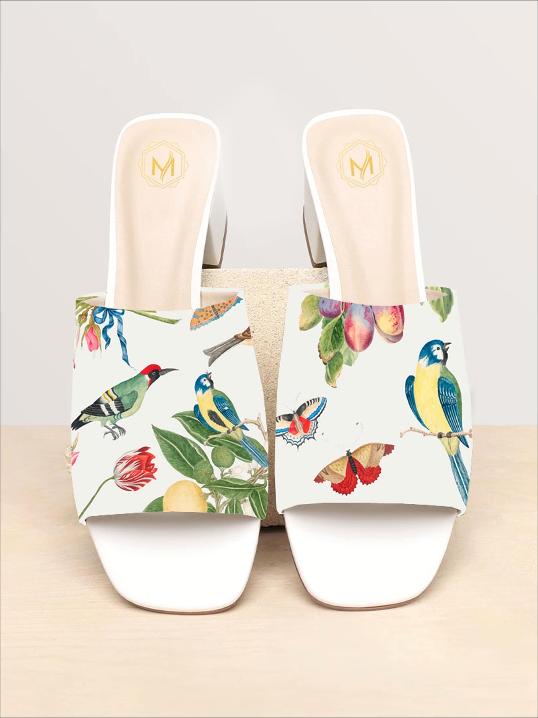

Myra Bird and Blossom Printed Block Heels, White