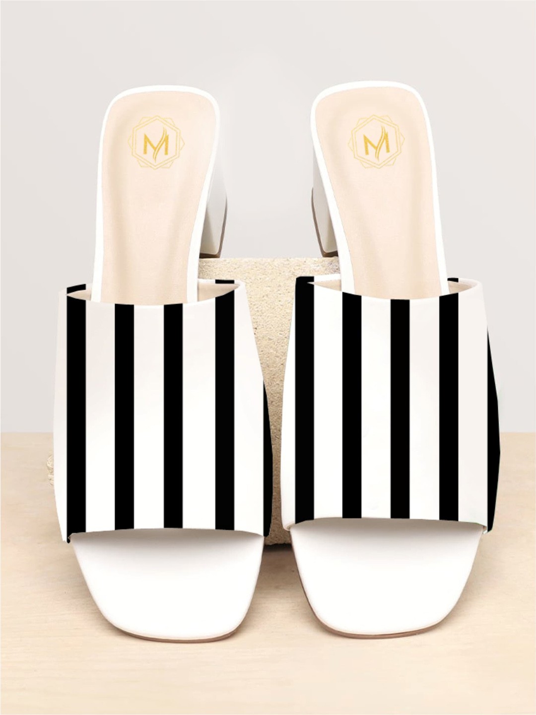 

Myra Elegant Bold Striped Printed Block Heels, Black