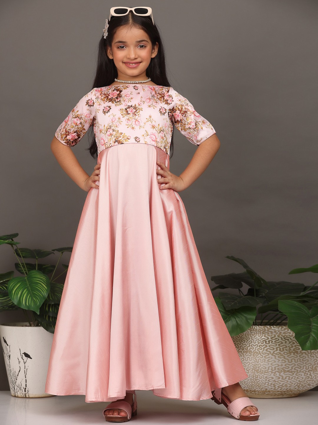 

Ethnovog Girls Floral Printed Silk Maxi Dress, Pink