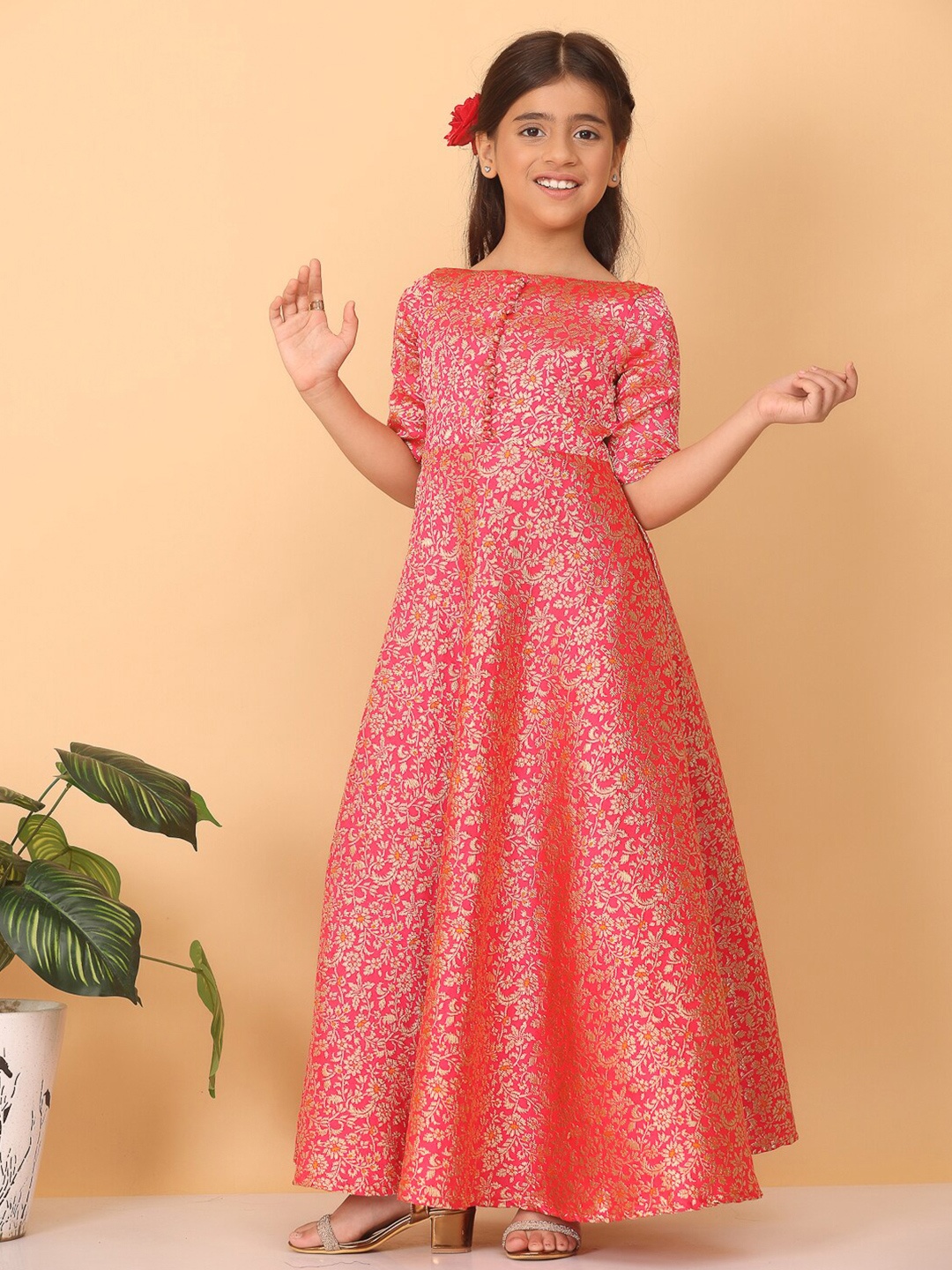 

Ethnovog Girls Floral Self Design Boat Neck Silk Maxi Ethnic Dress, Pink