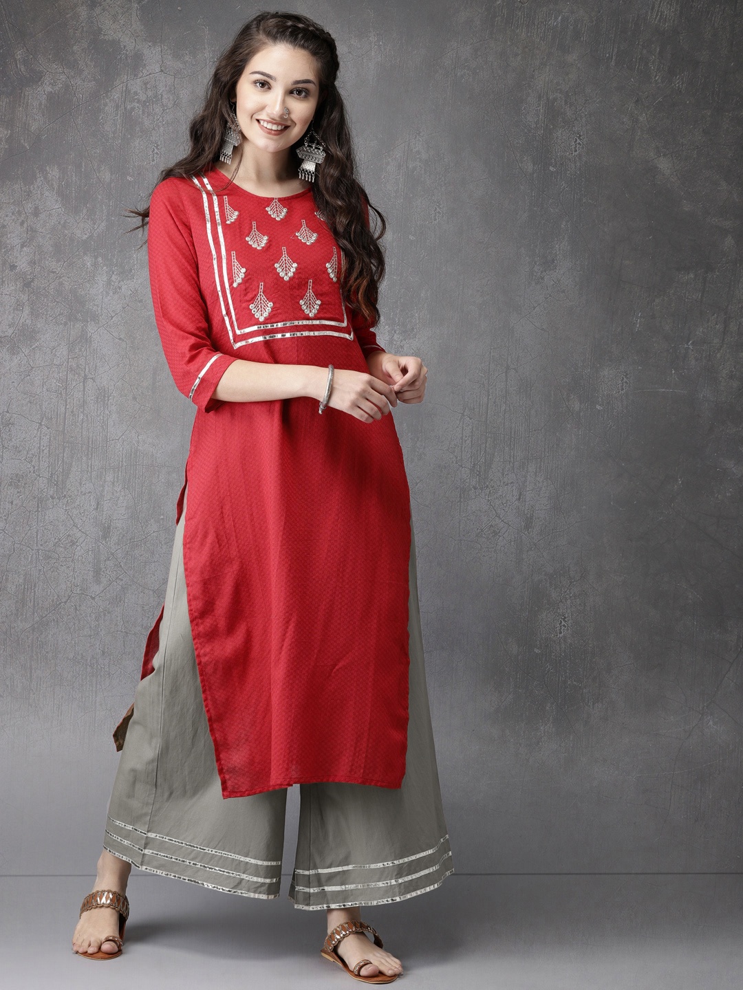 

Anouk Women Red & Grey Self Design Kurta with Palazzos