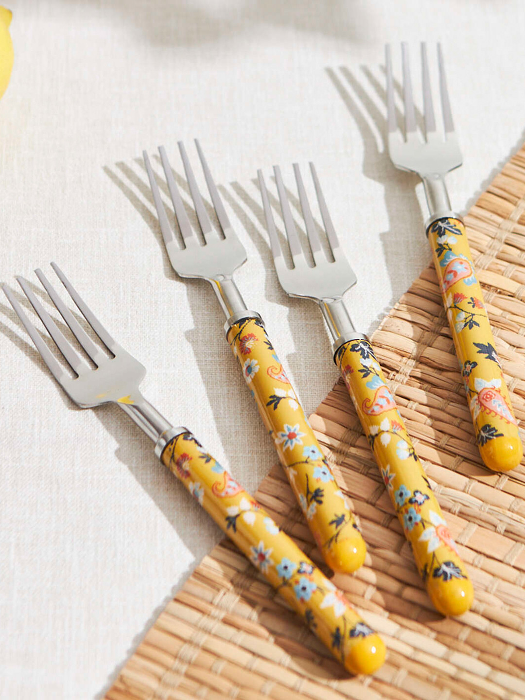 

Chumbak Set Of 4 Printed Stainless Steel Fork Set, Yellow