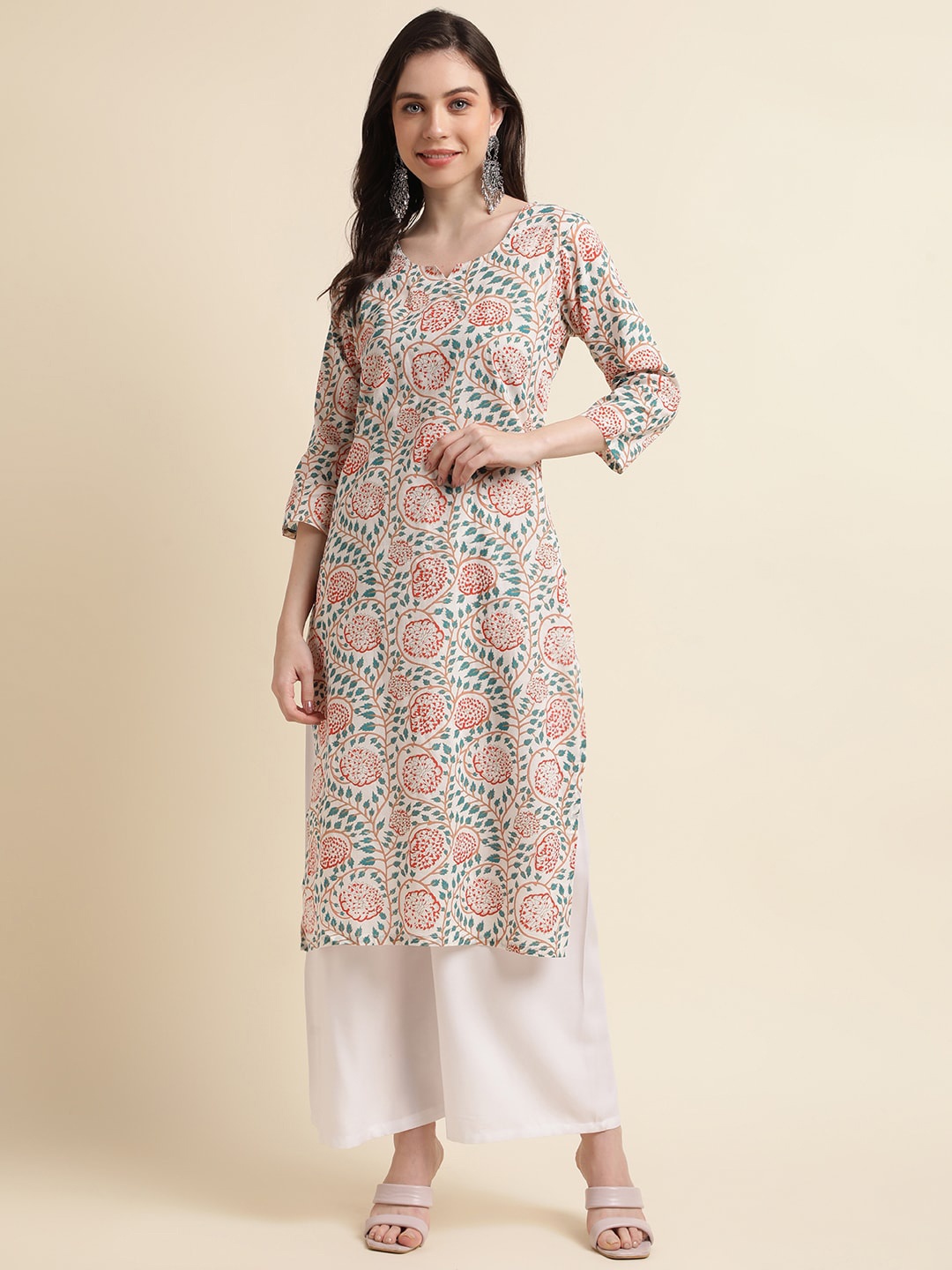 

Sangria Floral Printed Pure Cotton Straight Kurta, Off white