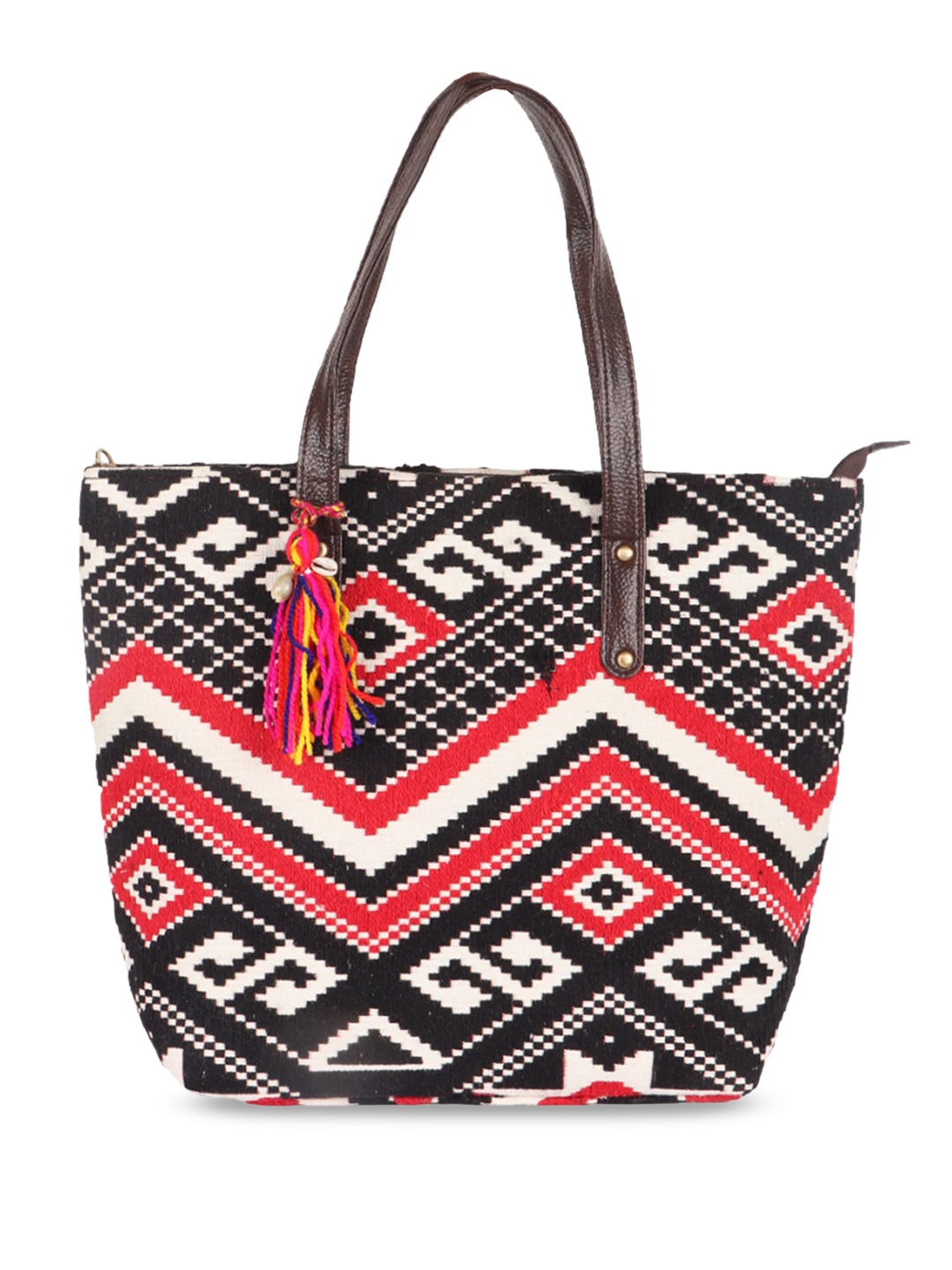 

Vivinkaa Geometric Printed Cotton Structured Shoulder Bag With Tasselled, Black