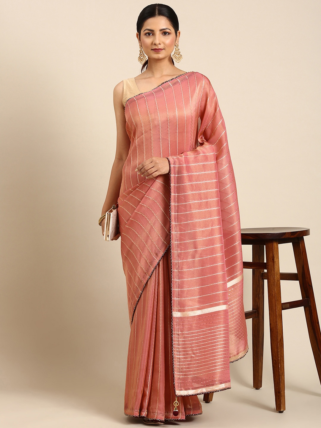 

MOHEY Striped Zari Organza Saree, Pink