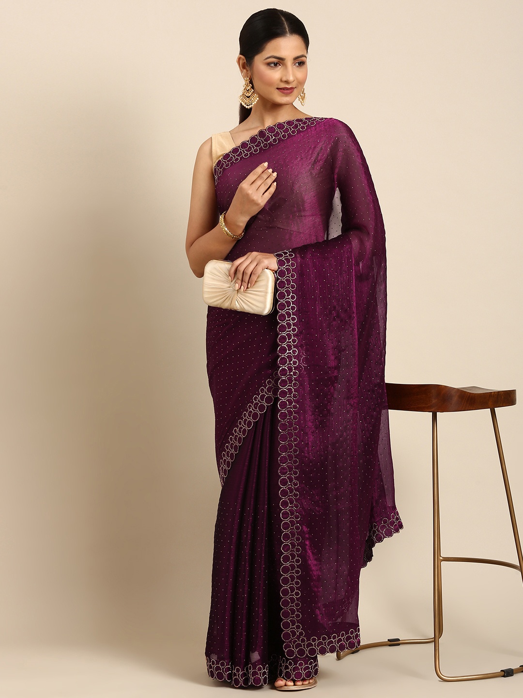

MOHEY Embellished Beads and Stones Chiffon Saree, Purple