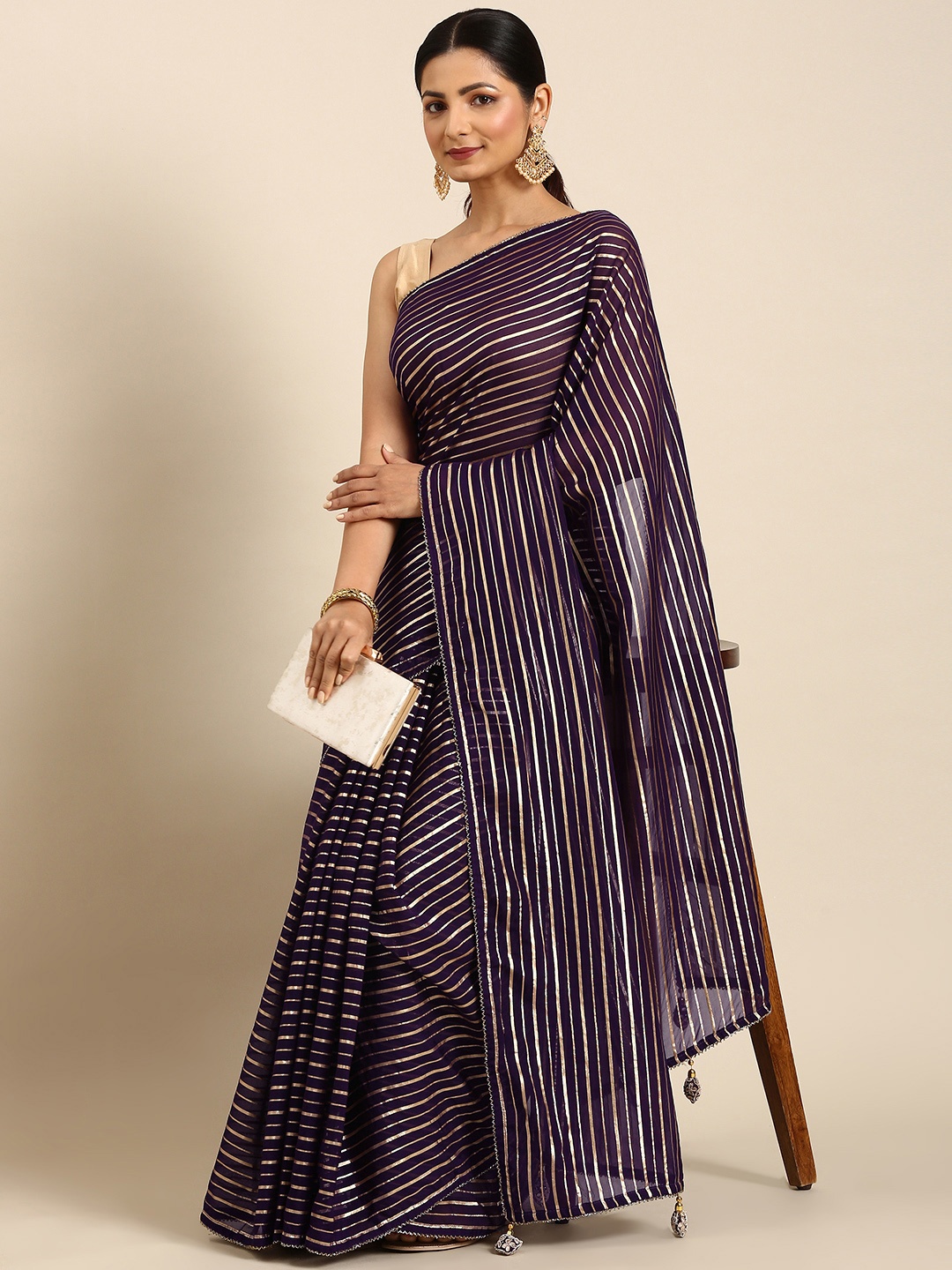 

MOHEY Striped Organza Saree, Purple