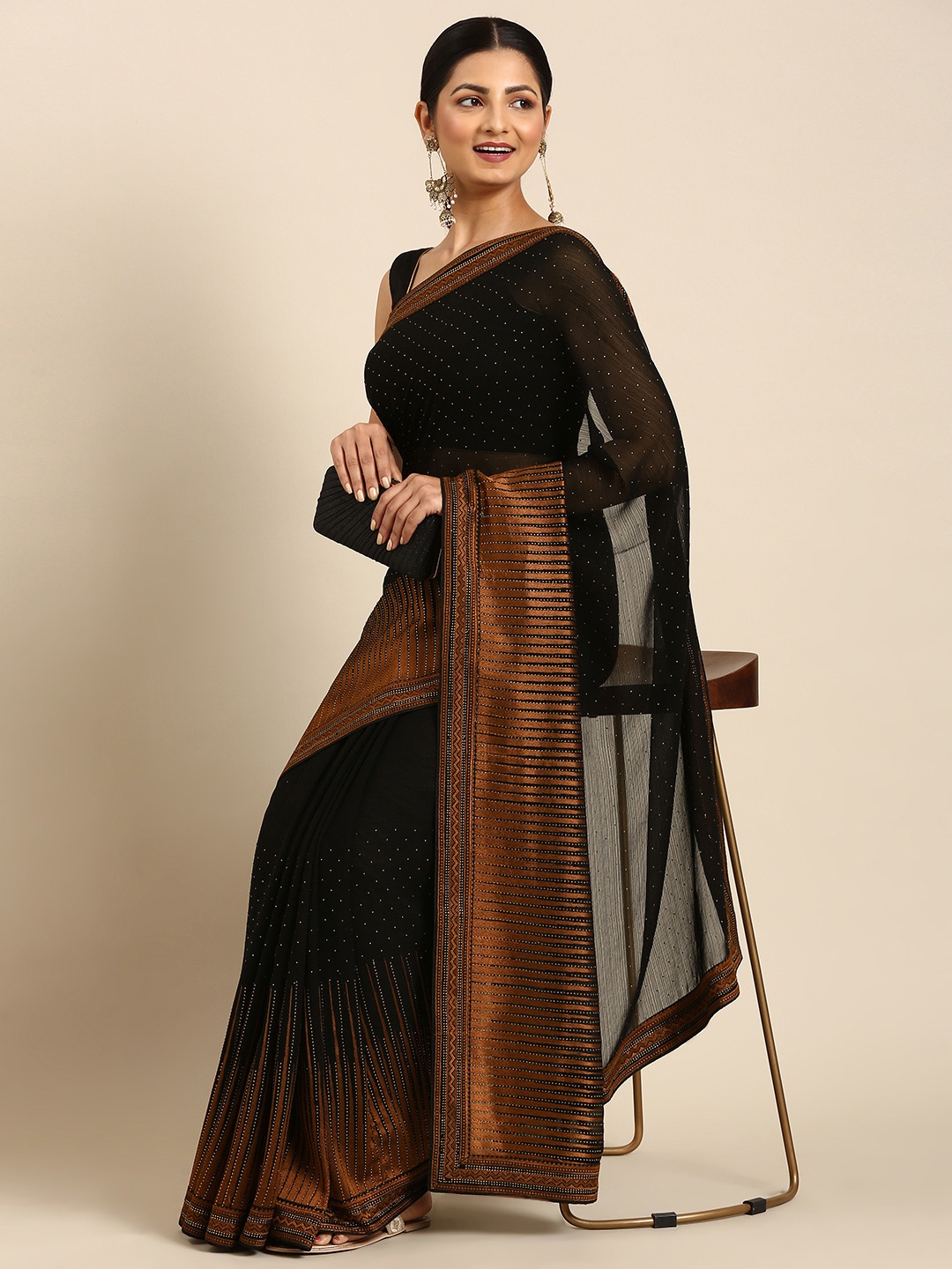 

MOHEY Embellished Beads and Stones Poly Georgette Saree, Black