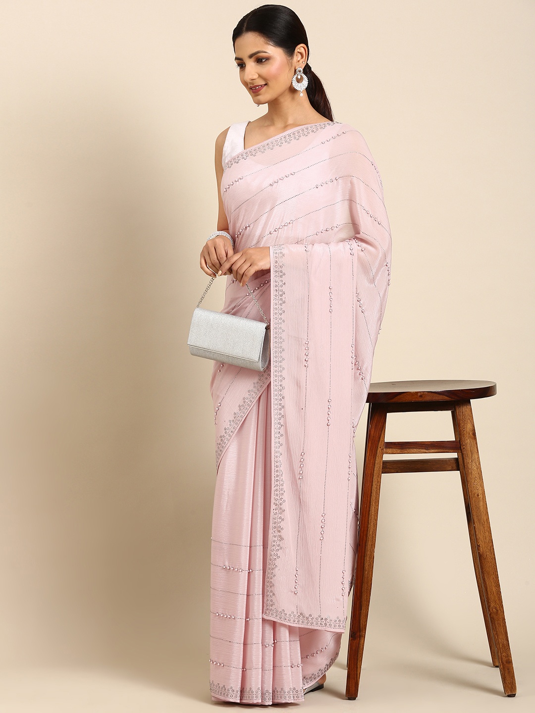 

MOHEY Striped Beads and Stones Saree, Pink