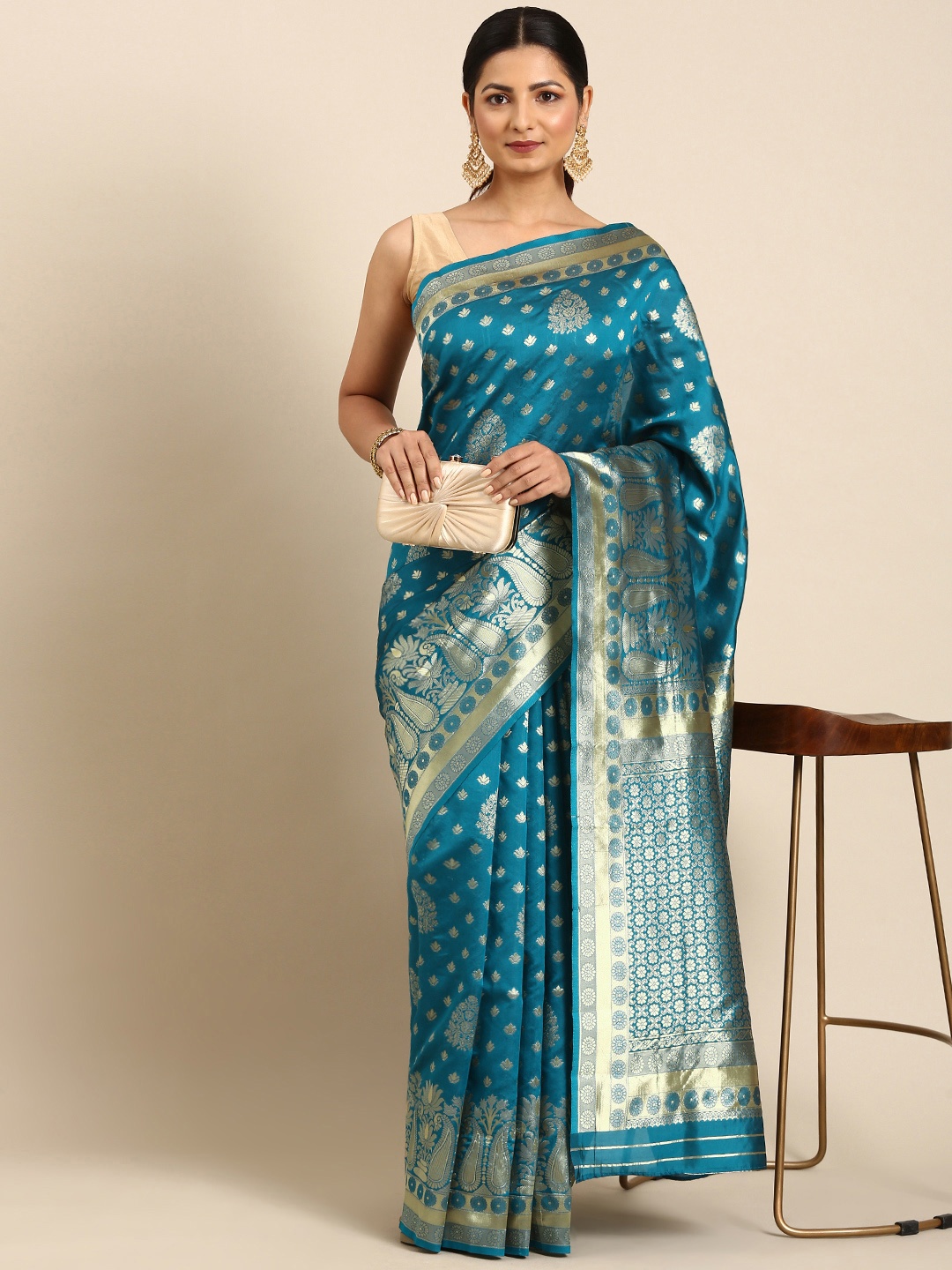 

MOHEY Ethnic Motifs Zari Art Silk Saree, Teal