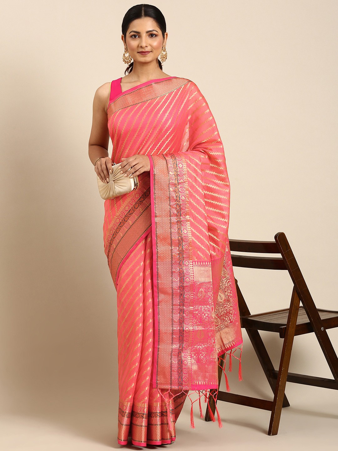 

MOHEY Striped Zari Art Silk Saree, Pink
