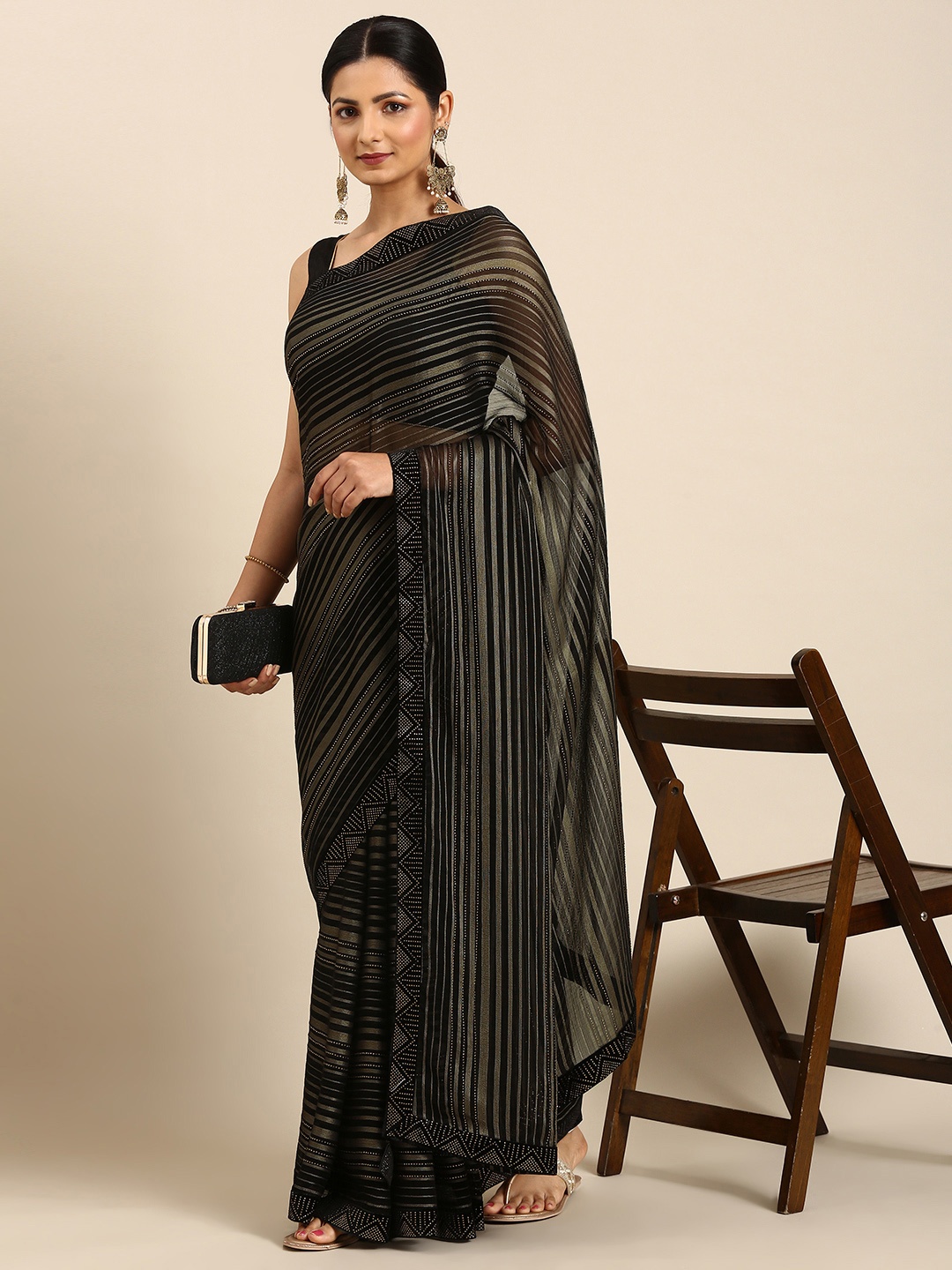 

MOHEY Striped Beads and Stones Saree, Black
