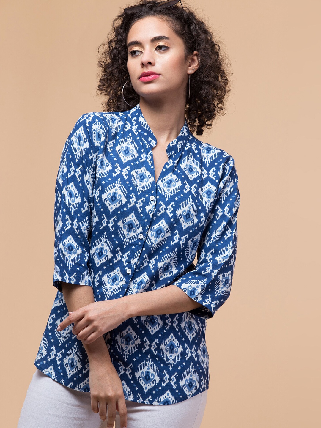 

Hive91 Ethnic Motifs Printed Mandarin Collar Shirt Style Top, Blue