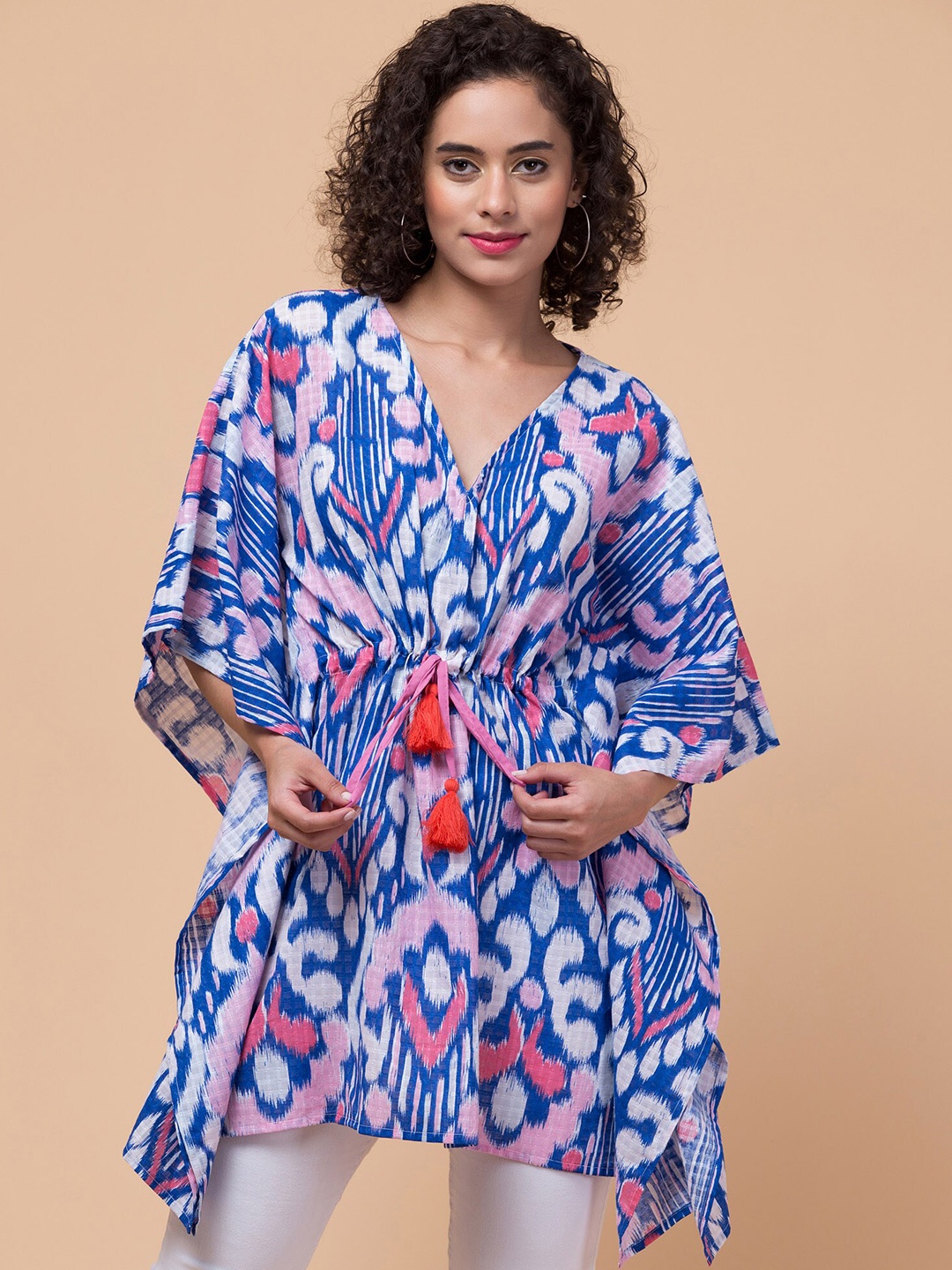 

Hive91 Printed Extended Sleeves Pure Cotton Kaftan Top, Blue