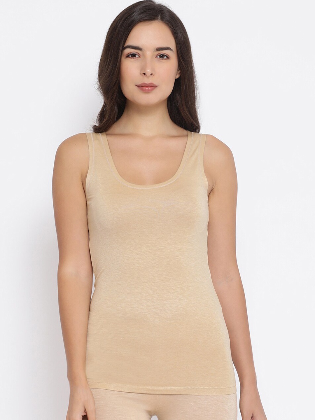 

Macrowoman W-Series Round Neck Cotton Tank Top, Beige