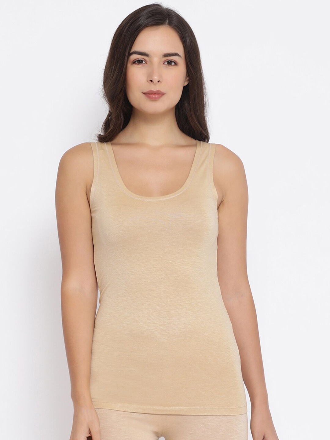 

Macrowoman W-Series Round Neck Cotton Tank Top, Beige