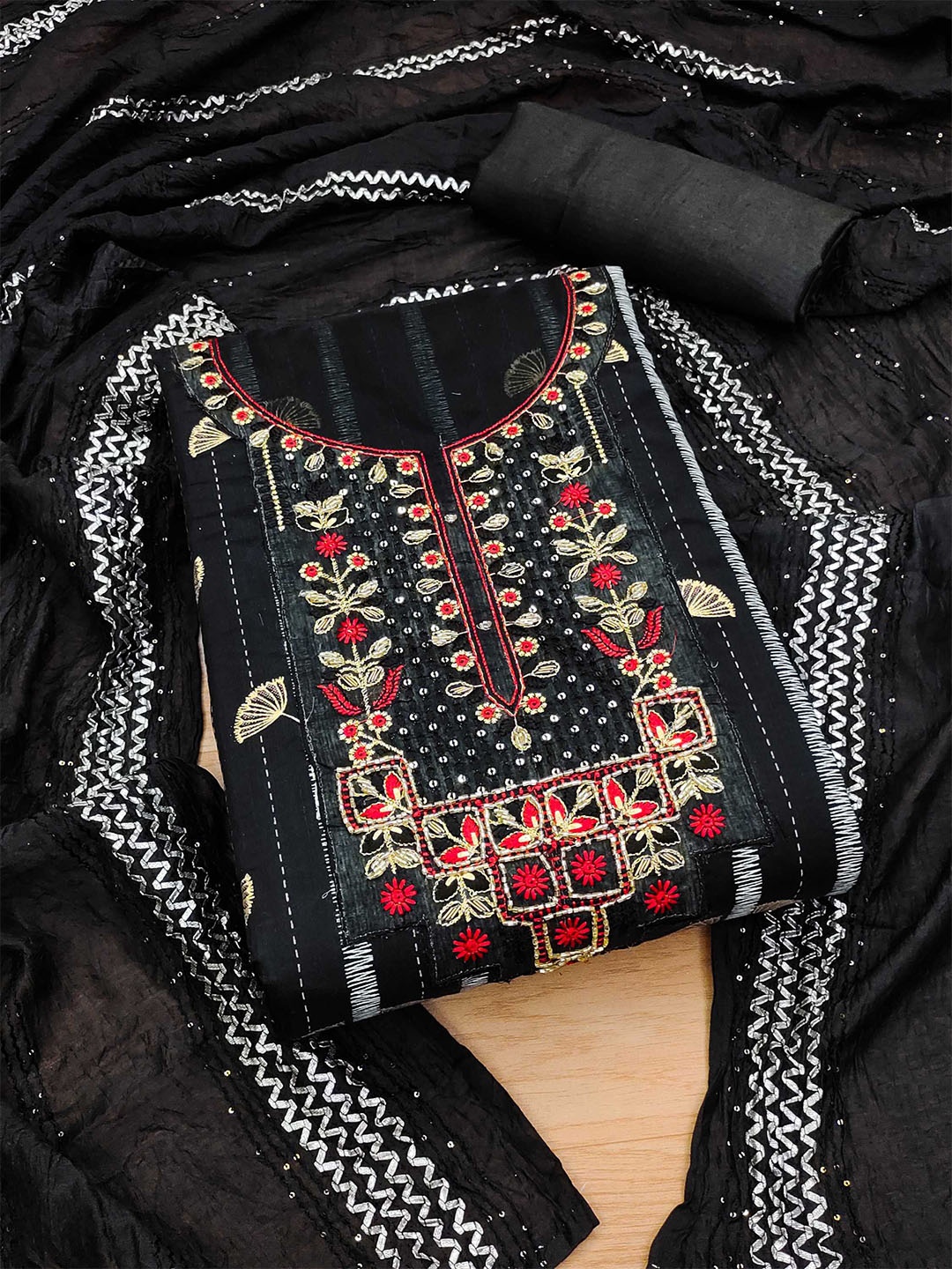 

KALINI Ethnic Motifs Embroidered Sequinned Unstitched Dress Material, Black