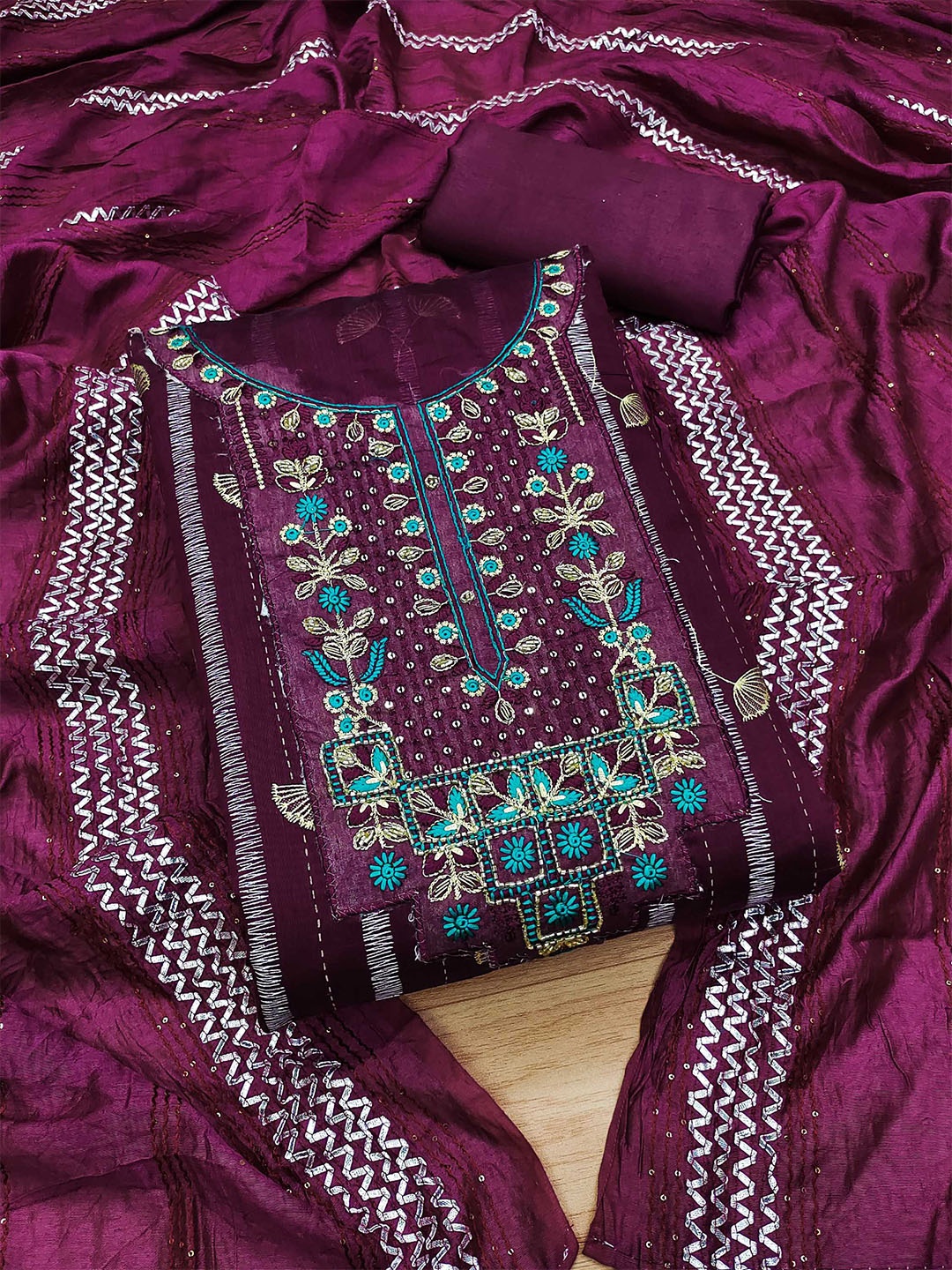 

KALINI Ethnic Motifs Embroidered Sequinned Unstitched Dress Material, Purple