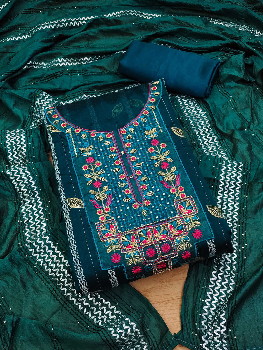 

KALINI Ethnic Motifs Embroidered Sequinned Unstitched Dress Material, Teal