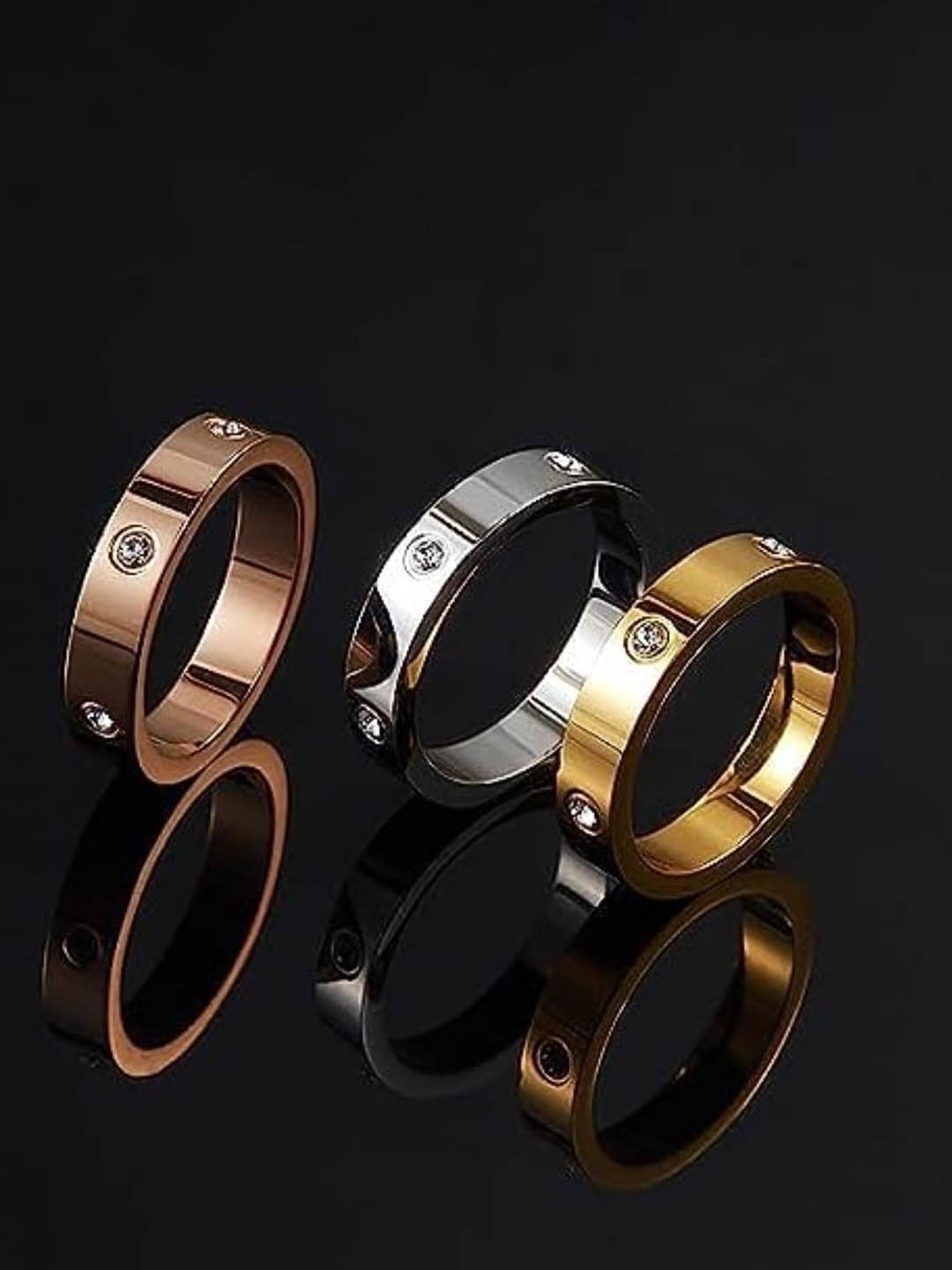 EL REGALO Set of 3 High Polished Stainless Steel Band Ring, Rose gold