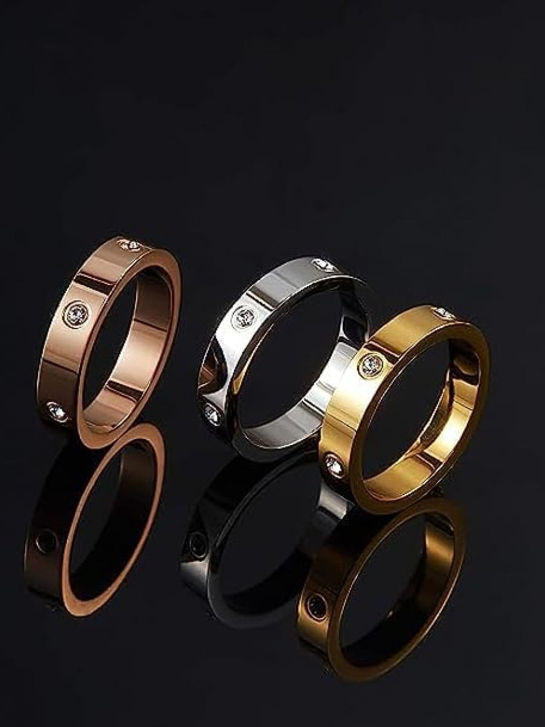 

EL REGALO Set Of 3 Stainless Steel Artificial Stone Finger Ring, Rose gold