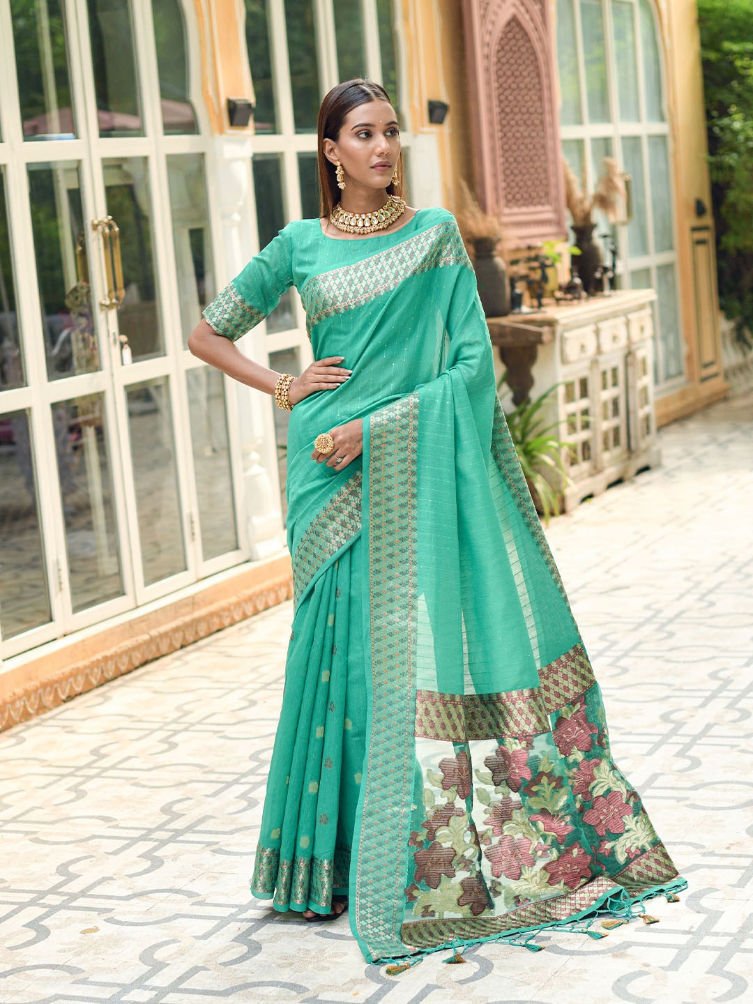 

VISHNU WEAVES Woven Design Zari Chettinad Saree, Teal