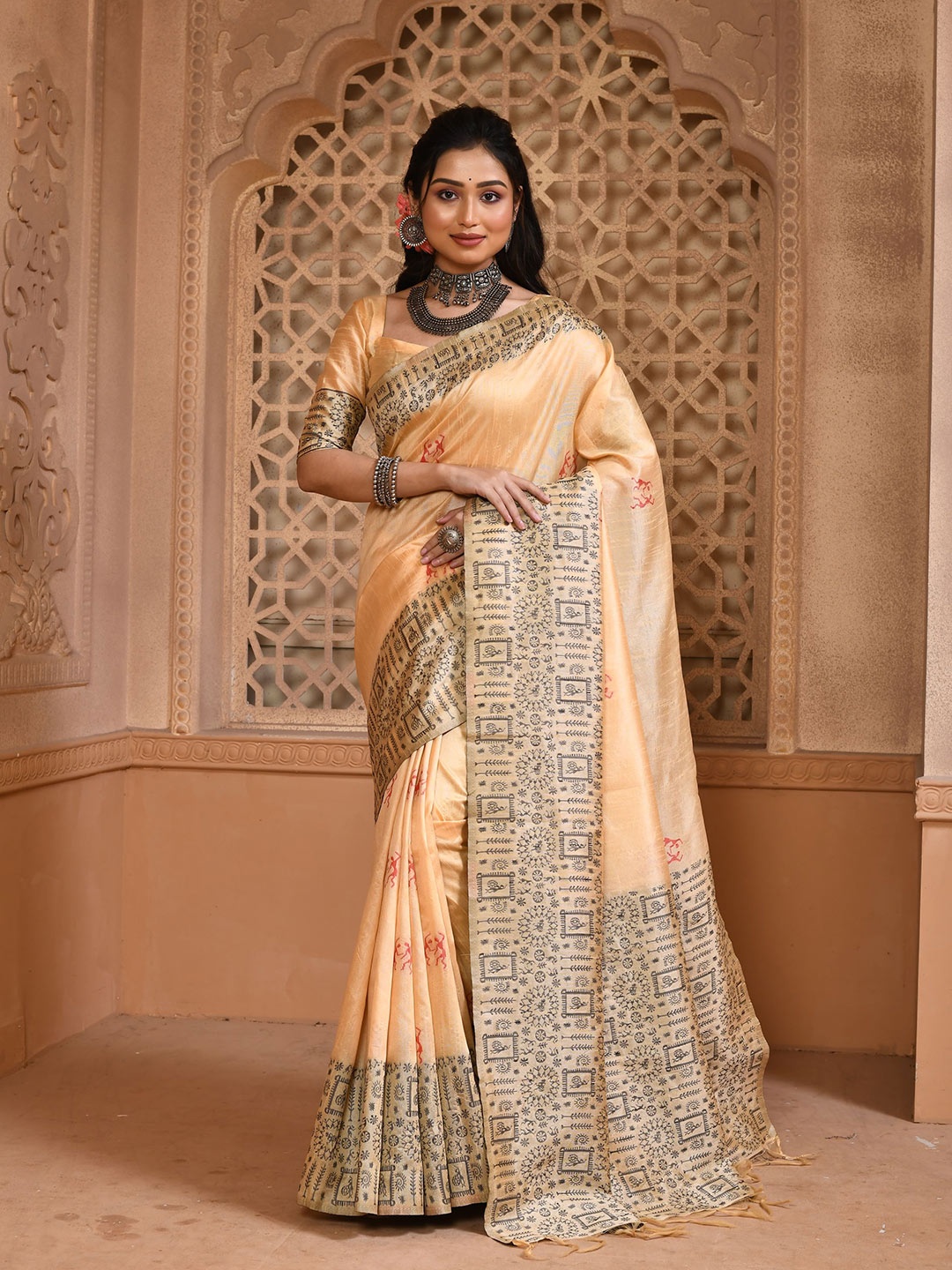 

VISHNU WEAVES Zari Bhagalpuri Saree, Cream