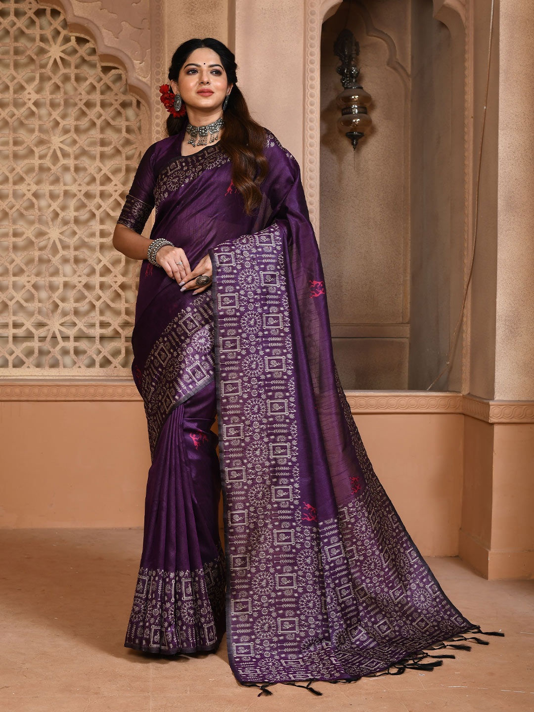 

VISHNU WEAVES Woven Design Bhagalpuri Saree, Purple