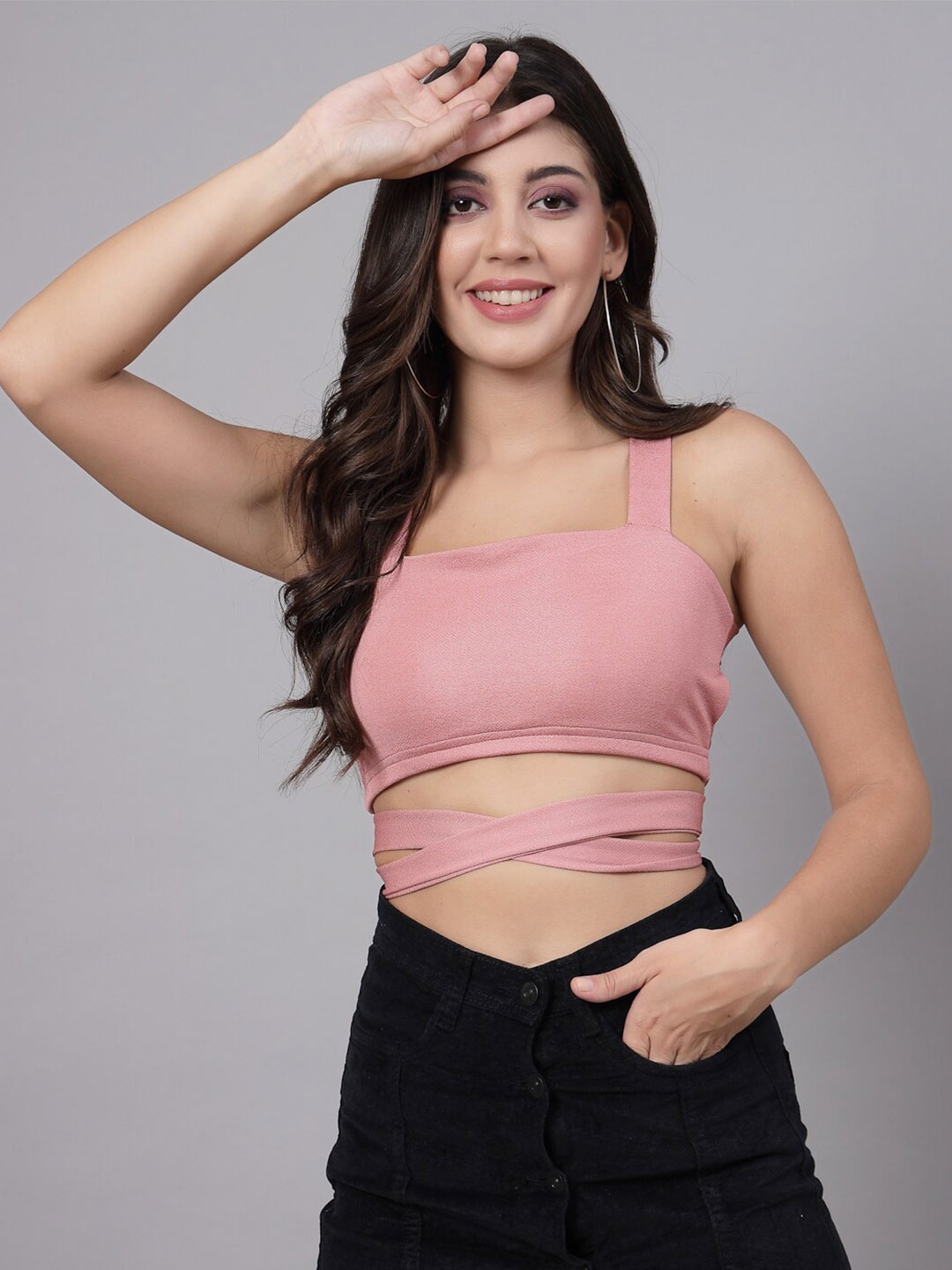 

ATRAENTA Round Neck Crepe Crop Top, Pink